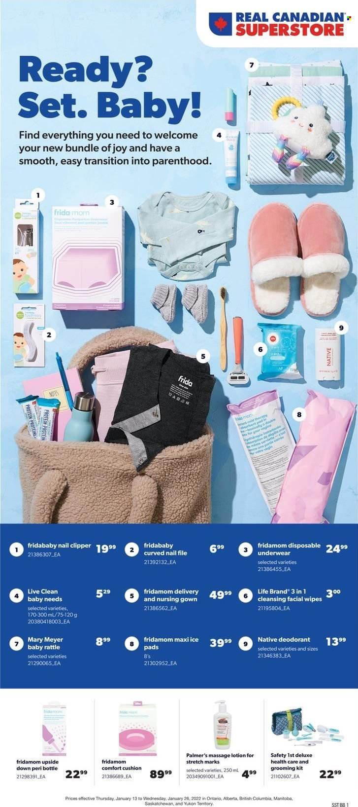 Real Canadian Superstore Flyer - January 13, 2022 - January 26, 2022 - Sales products - wipes, Joy, body lotion, anti-perspirant, clipper, cushion, rattle, deodorant. Page 1.