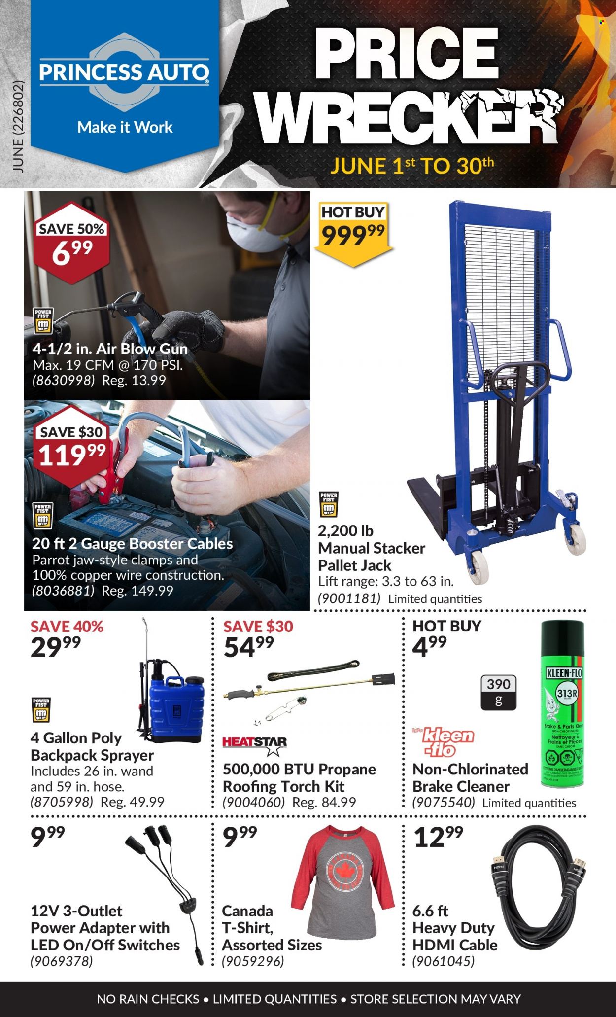 Princess Auto Flyer - June 01, 2022 - June 30, 2022 - Sales products - roofing, sprayer, booster cables, Parrot, brake cleaner, cleaner. Page 1.