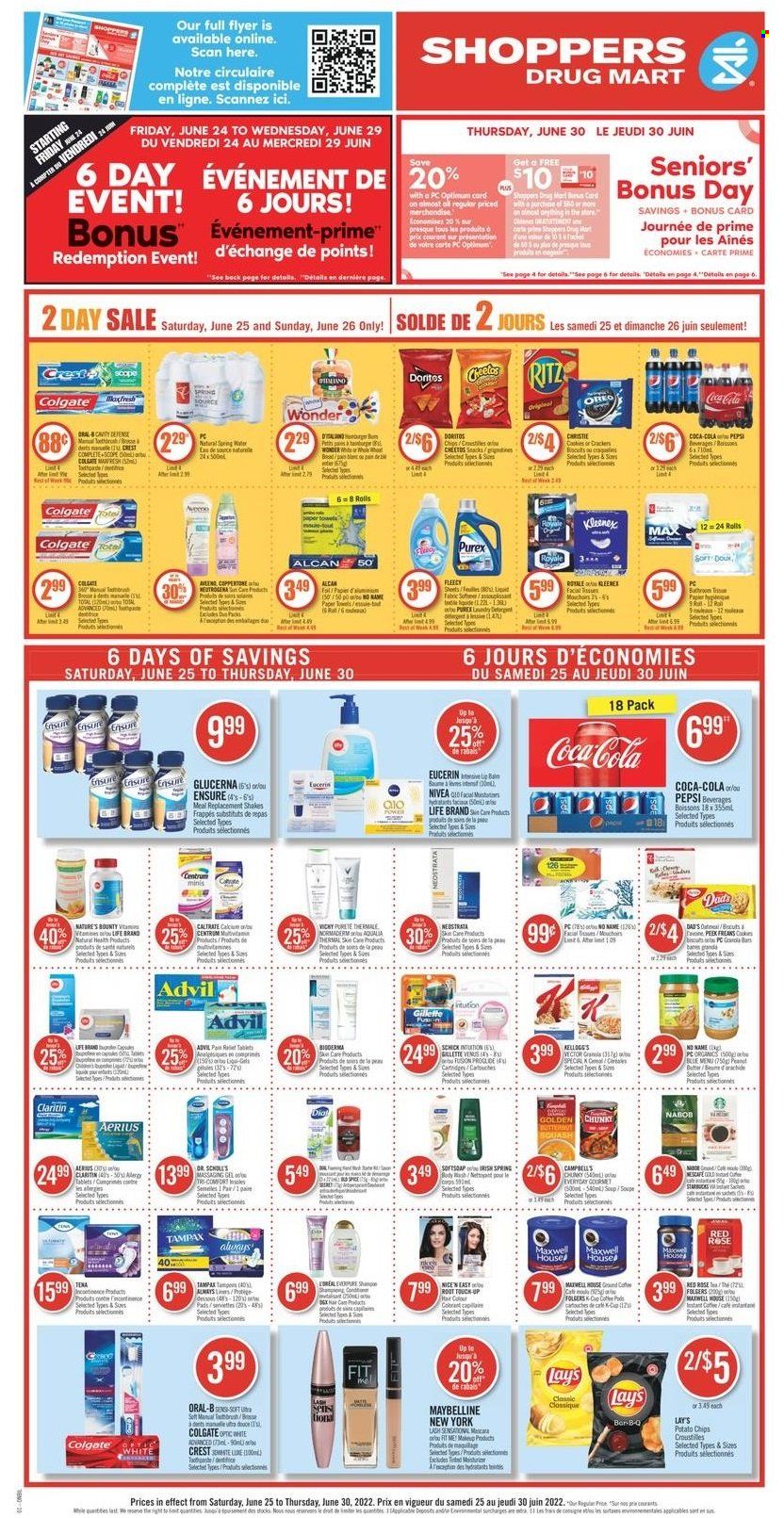 Shoppers Drug Mart Flyer - June 25, 2022 - June 30, 2022 - Sales products - No Name, Campbell's, soup, shakes, snack, crackers, Kellogg's, biscuit, RITZ, Doritos, potato chips, Cheetos, chips, Lay's, oatmeal, granola bar, spice, peanut butter, Coca-Cola, Pepsi, Maxwell House, instant coffee, Folgers, coffee capsules, Starbucks, K-Cups, Nivea, Kleenex, tissues, kitchen towels, paper towels, laundry detergent, Purex, body wash, Vichy, toothpaste, Crest, tampons, facial tissues, Gillette, L’Oréal, hair color, Schick, Venus, makeup, mascara, Maybelline, Optimum, Pain Relief, Nature's Bounty, glucerna, Advil Rapid, Centrum, Dr. Scholl's, calcium, detergent, Colgate, Eucerin, granola, Neutrogena, Tampax, Oreo, Nescafé. Page 1.