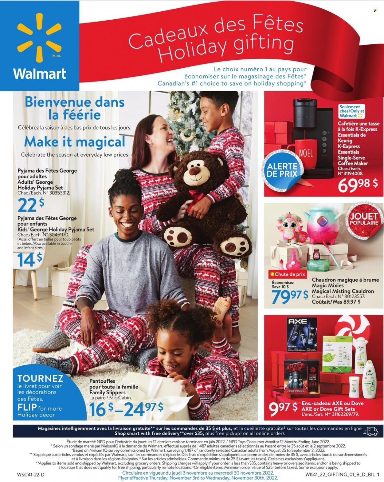 Walmart Flyer - November 03, 2022 - November 30, 2022 - Sales products - Dove, Keurig, Axe, coffee machine, pajama, pyjamas, slippers, toys, monitor. Page 1.