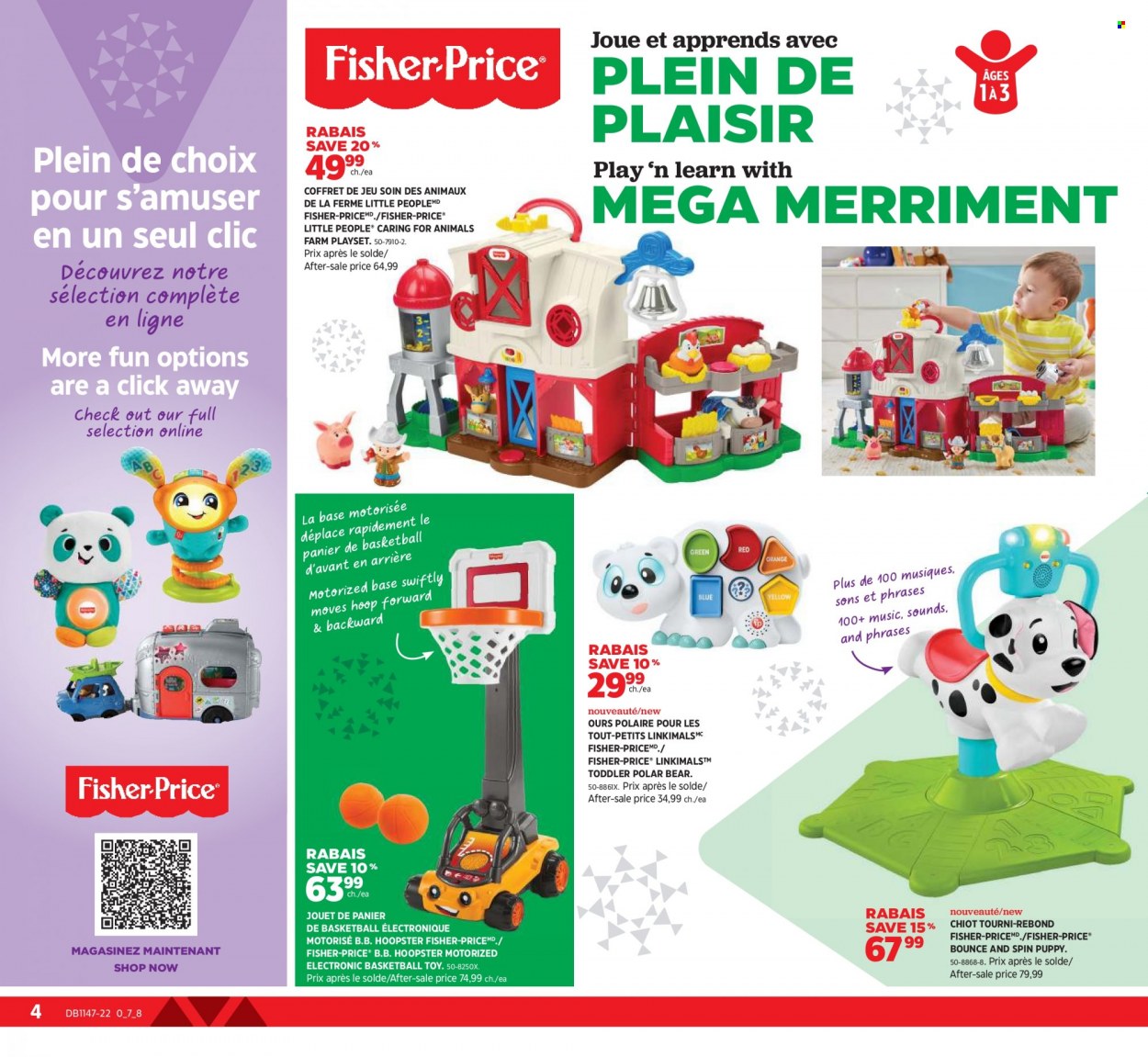 Canadian Tire Flyer - November 17, 2022 - December 07, 2022 - Sales products - Bounce, Little People, basketball, play set, toys, Fisher-Price. Page 4.