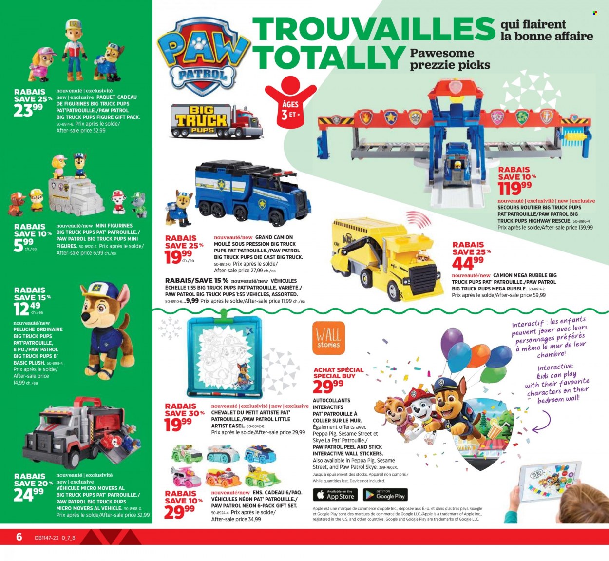 Canadian Tire Flyer - November 17, 2022 - December 07, 2022 - Sales products - Peppa Gris, easel, Paw Patrol, vehicle, minifigure, gift set, sticker. Page 6.
