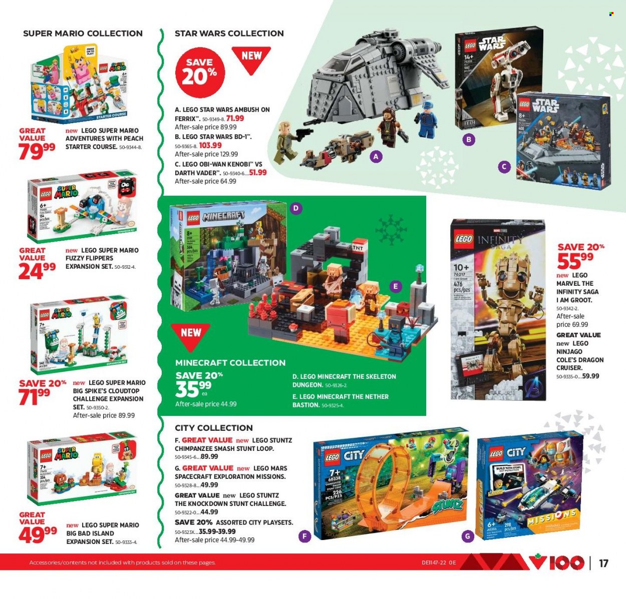 Canadian Tire Flyer - November 18, 2022 - December 08, 2022 - Sales products - Infinity, LEGO, play set, LEGO Super Mario, cruiser, LEGO City, LEGO Minecraft, LEGO Ninjago, LEGO Star Wars, Ninjago. Page 17.
