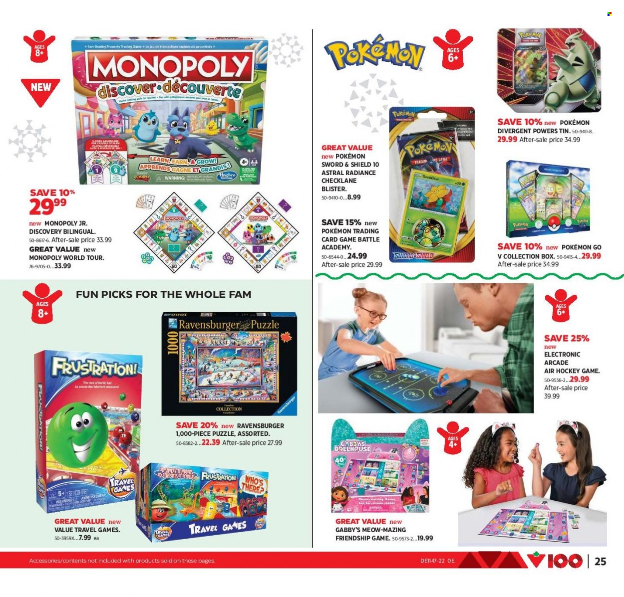 Canadian Tire Flyer - November 18, 2022 - December 08, 2022 - Sales products - Pokémon, Monopoly, Hasbro, air hockey table, Ravensburger, puzzle. Page 25.