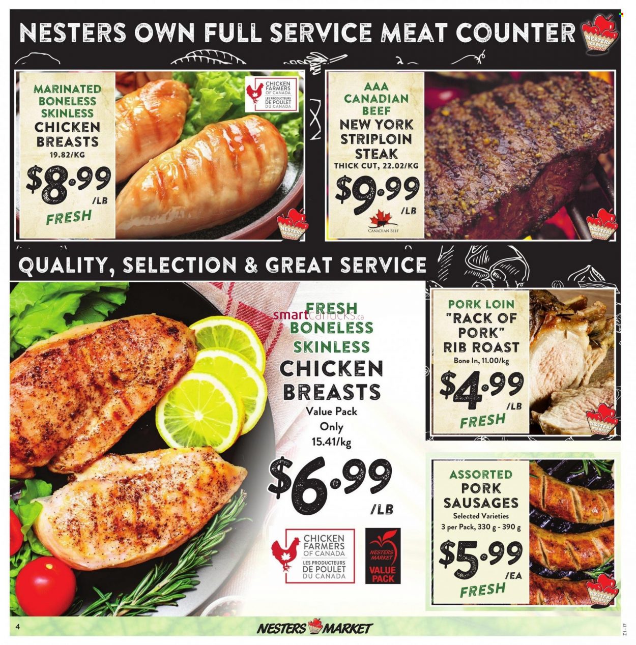 Nesters Food Market Flyer - November 20, 2022 - November 26, 2022 - Sales products - sausage, chicken breasts, beef meat, striploin steak, pork loin, pork meat, steak. Page 4.
