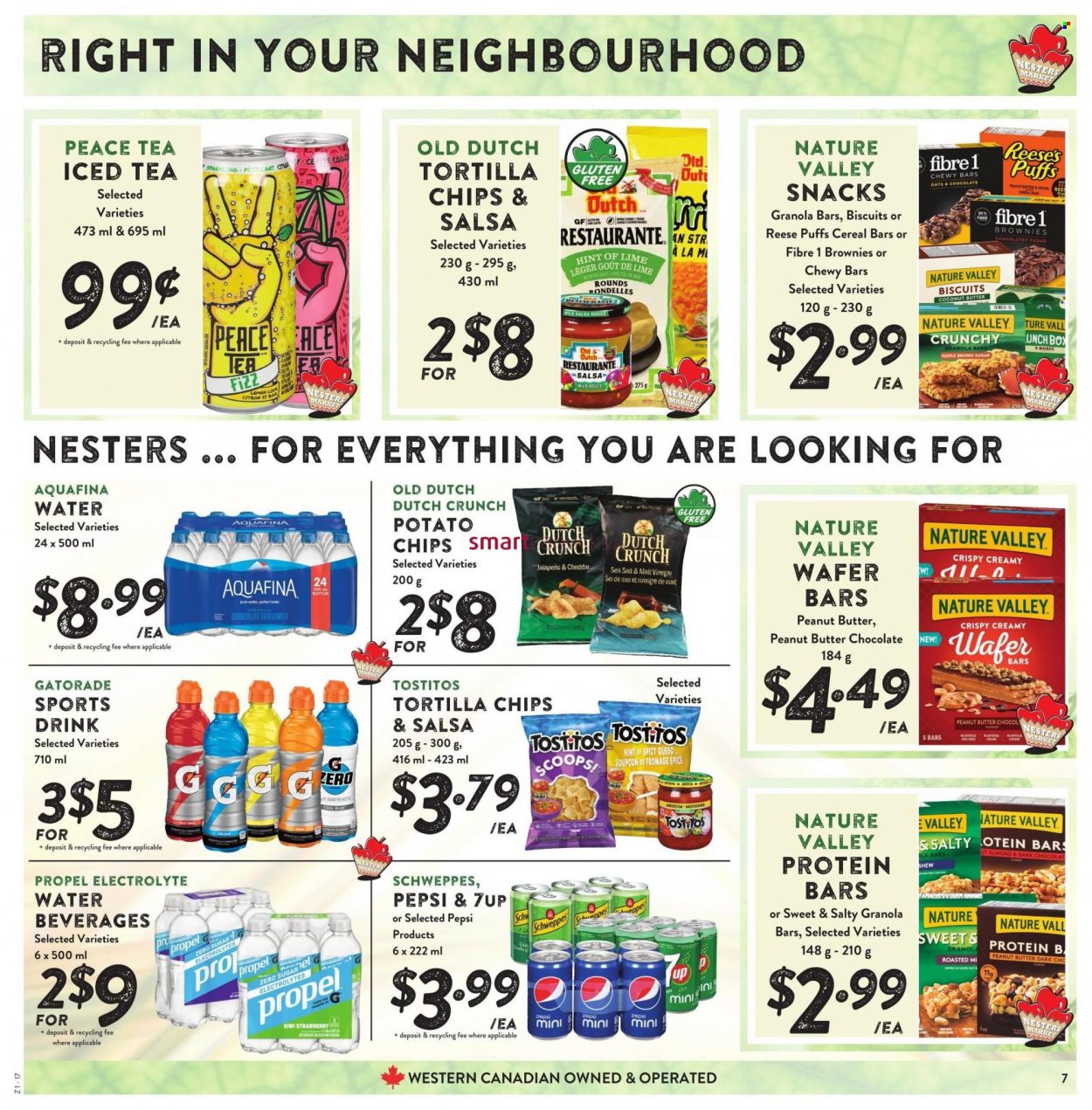 Nesters Food Market Flyer - November 20, 2022 - November 26, 2022 - Sales products - Puffs, brownies, jalapeño, coconut, cheese, Reese's, Fudge, wafers, chocolate, snack, cereal bar, biscuit, tortilla chips, chips, Tostitos, cane sugar, cocoa, cereals, protein bar, granola bar, Nature Valley, salsa, peanut butter, Schweppes, Pepsi, ice tea, 7UP, Gatorade, Aquafina, purified water, gin, kiwi. Page 7.