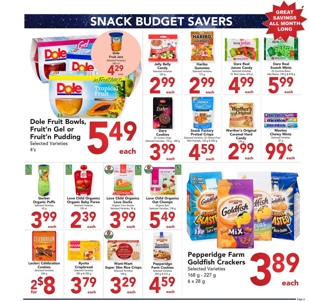 Buy-Low Foods Flyer - November 20, 2022 - December 31, 2022 - Sales products - Puffs, crispbread, Dole, cheese, pudding, cookies, Fudge, snack, Mentos, Haribo, truffles, Celebration, crackers, jelly beans, Gerber, chips, Goldfish, pretzel crisps, rice crisps, oats, brown rice, rice, caramel, juice, fruit juice. Page 6.
