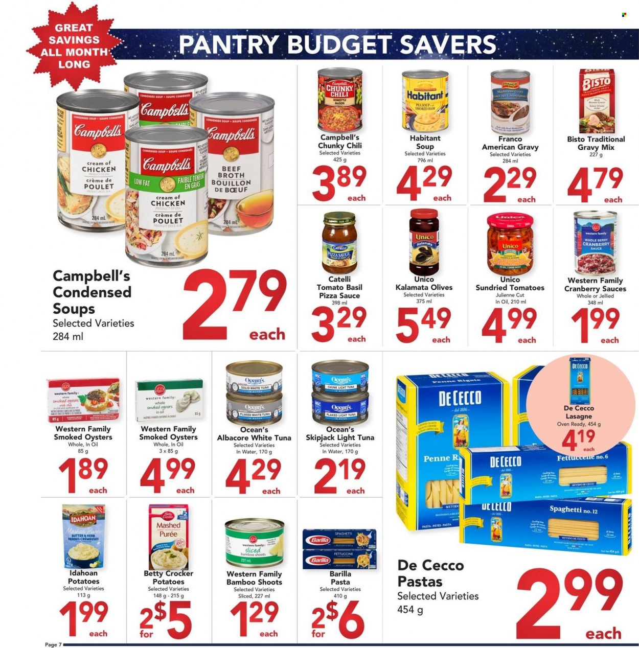 Buy-Low Foods Flyer - November 20, 2022 - December 31, 2022 - Sales products - smoked oysters, tuna, oysters, Campbell's, spaghetti, condensed soup, soup, pasta, instant soup, ham, smoked ham, butter, beef broth, bouillon, broth, bamboo shoot, sun dried tomatoes, light tuna, rice, penne, Gravy mix, cranberry sauce, olives, Barilla. Page 7.