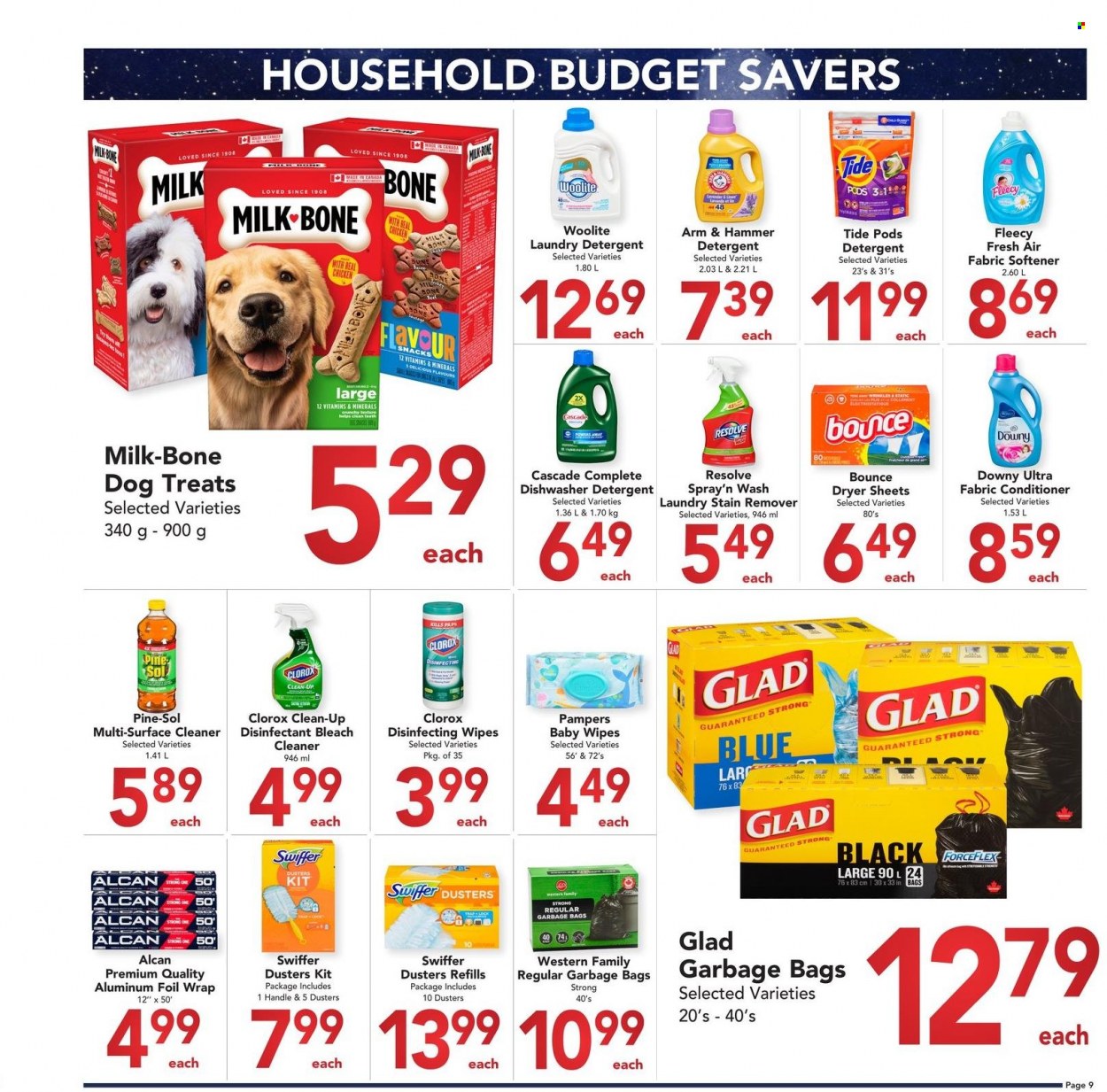 Buy-Low Foods Flyer - November 20, 2022 - December 31, 2022 - Sales products - milk, snack, ARM & HAMMER, wipes, baby wipes, surface cleaner, cleaner, bleach, stain remover, Clorox, Woolite, Pine-Sol, Swiffer, Tide, fabric softener, fabric conditioner, laundry detergent, Bounce, Cascade, dryer sheets, Downy laundry, detergent, Pampers, desinfection. Page 9.