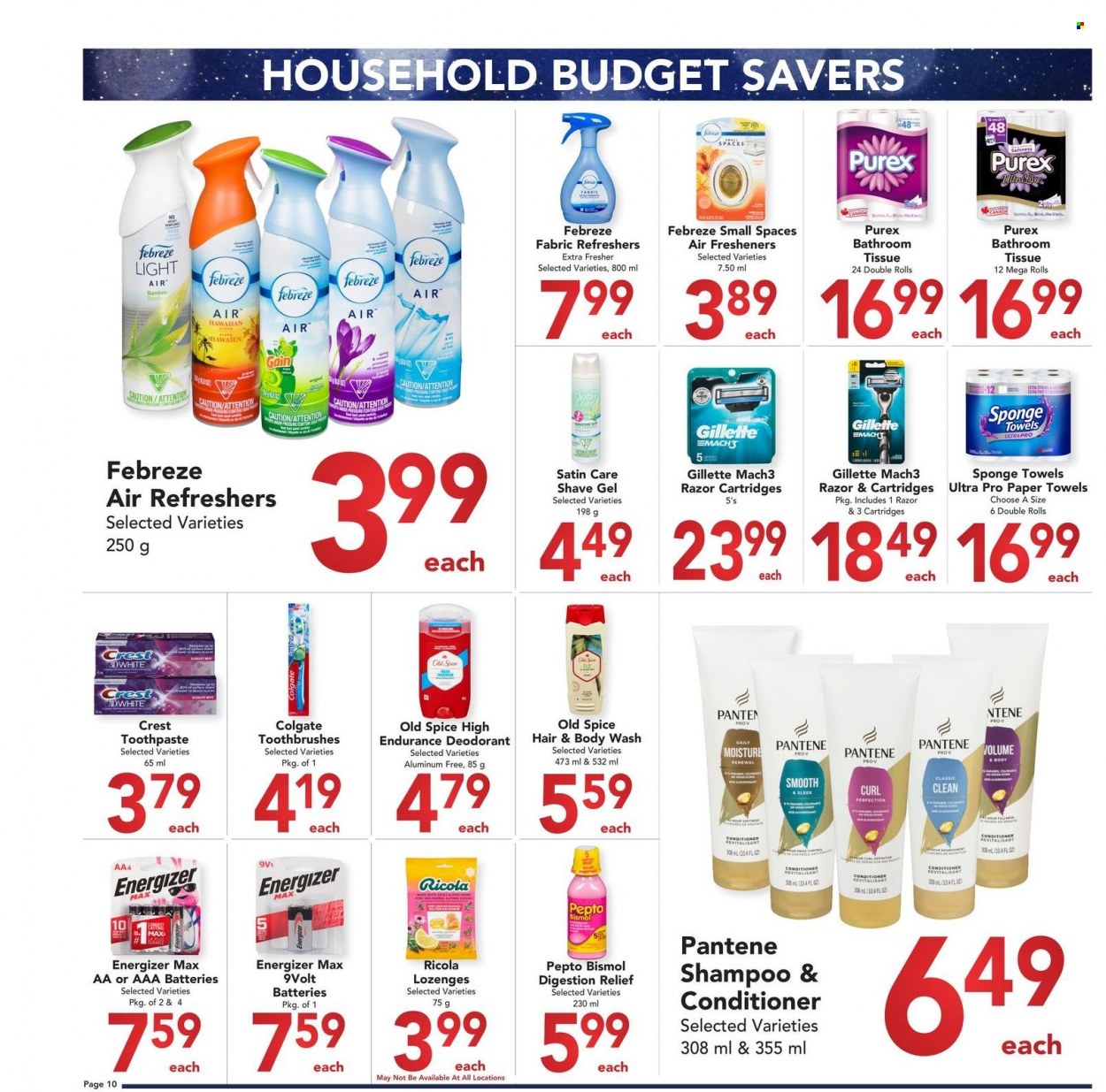 Buy-Low Foods Flyer - November 20, 2022 - December 31, 2022 - Sales products - ricola, spice, bath tissue, kitchen towels, paper towels, Febreze, Gain, Purex, body wash, hair & body wash, toothpaste, Crest, Gillette, conditioner, anti-perspirant, shave gel, Energizer, Colgate, shampoo, Pantene, Old Spice, deodorant. Page 10.