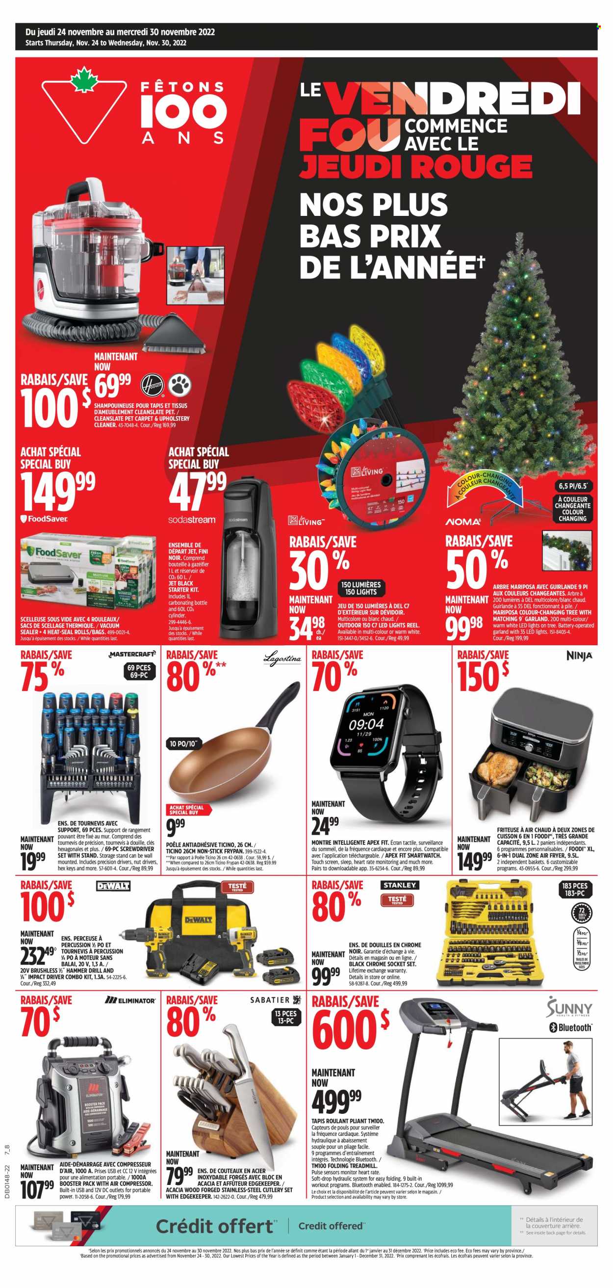 Canadian Tire Flyer - November 24, 2022 - November 30, 2022 - Sales products - cleaner, basket, vacuum sealer, cutlery set, frypan, percussion instrument, air fryer, garland, treadmill, reel, socket, drill, screwdriver, impact driver, socket set, combo kit, screwdriver set, air compressor, monitor. Page 1.