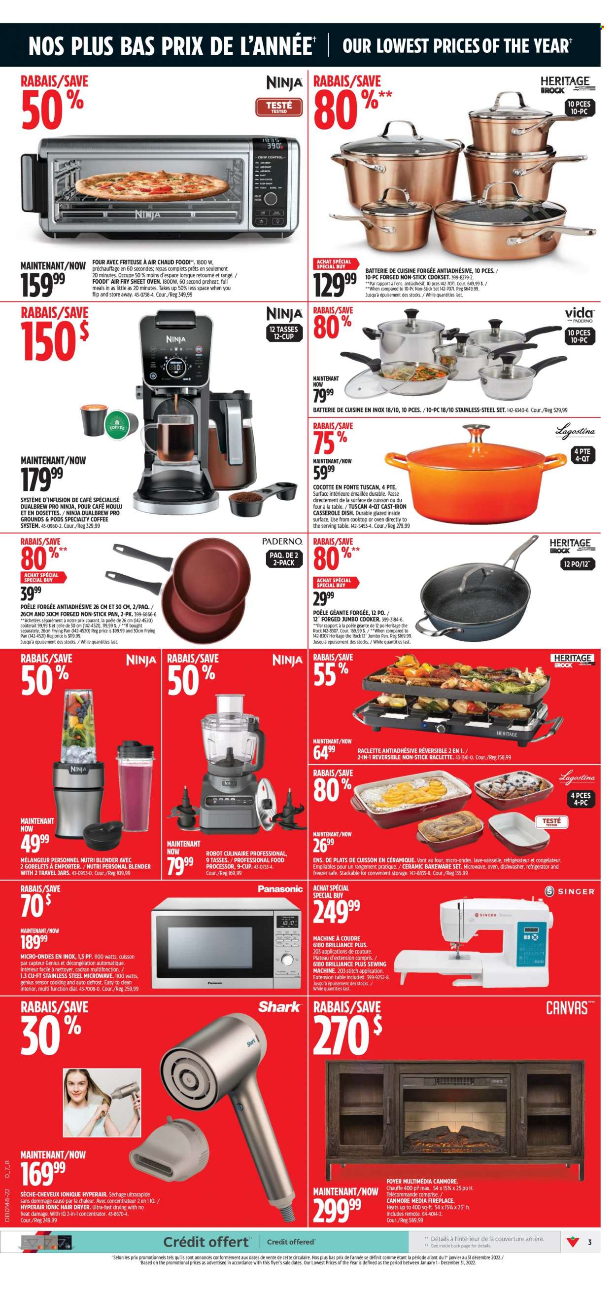 Canadian Tire Flyer - November 24, 2022 - November 30, 2022 - Sales products - pan, casserole, bakeware, jar, freezer, refrigerator, oven, microwave oven, dishwasher, cooktop, food processor, iron, sewing machine, hair dryer, ionic hair dryer, table, fireplace, blender, robot, Panasonic. Page 3.