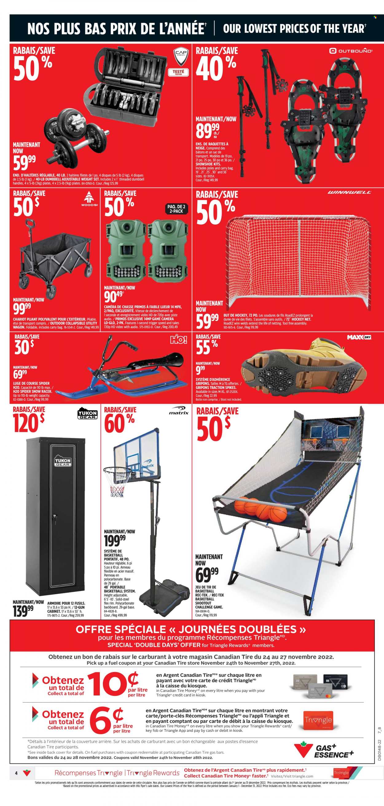 Canadian Tire Flyer - November 24, 2022 - November 30, 2022 - Sales products - game cam, plate, cabinet, portable basketball system, basketball, dumbbell, gun, wagon, camera. Page 4.