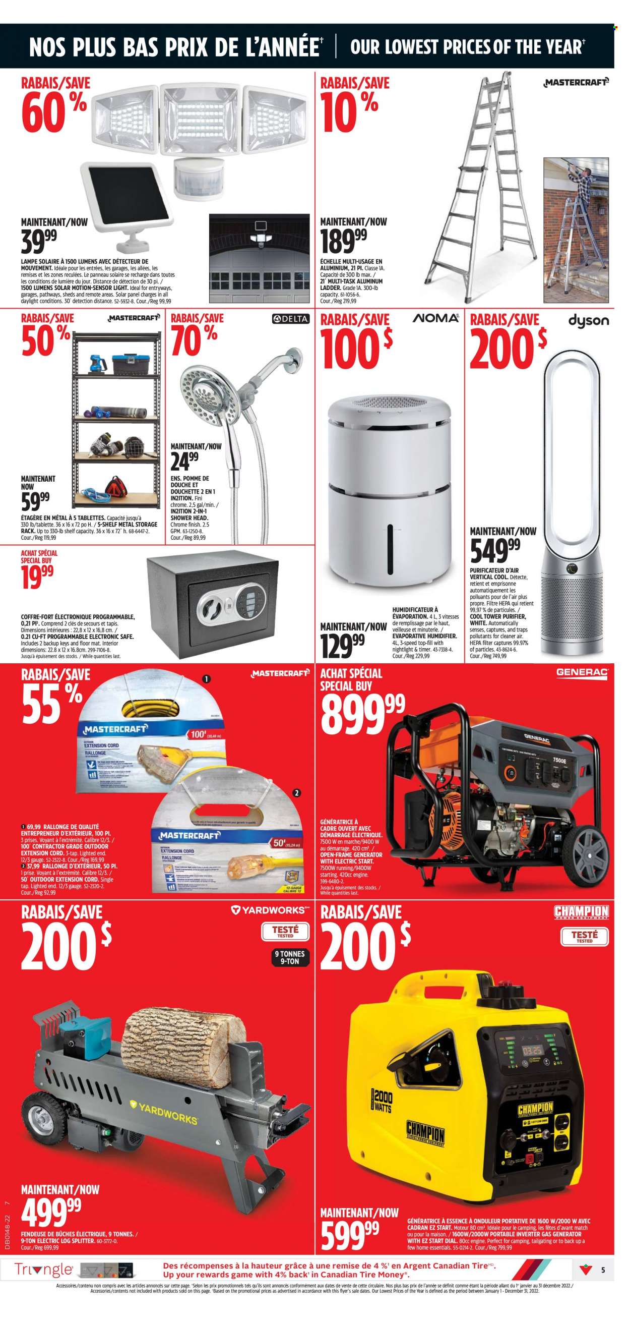 Canadian Tire Flyer - November 24, 2022 - November 30, 2022 - Sales products - cleaner, humidifier, shelves, floor mat, ladder, showerhead, timer, solar panel, log splitter, extension cord, gas generator, generator. Page 5.