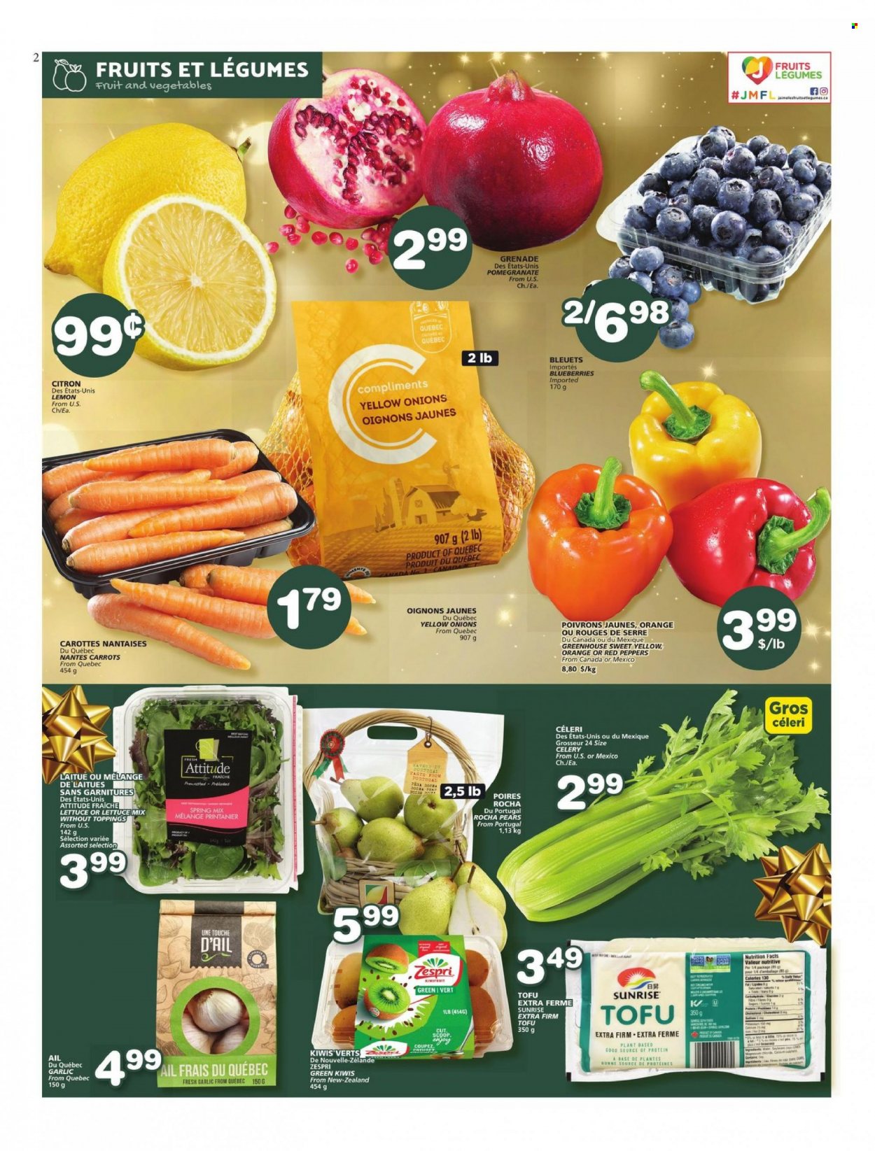 Les Marchés Tradition Flyer - November 24, 2022 - November 30, 2022 - Sales products - carrots, celery, garlic, onion, lettuce, peppers, red peppers, blueberries, pears, orange, pomegranate, tofu, kiwi. Page 2.