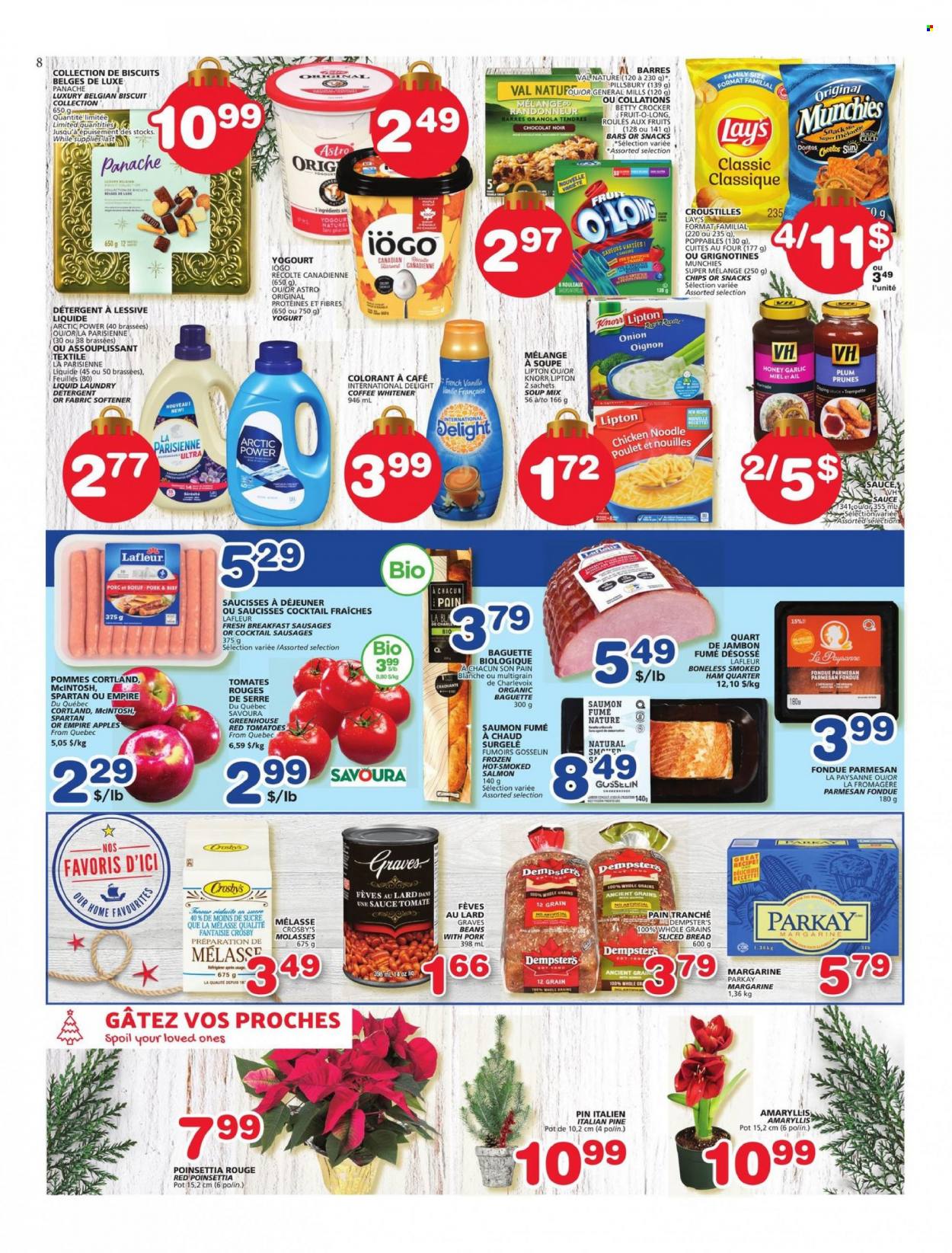 Les Marchés Tradition Flyer - November 24, 2022 - November 30, 2022 - Sales products - bread, garlic, tomatoes, apples, salmon, smoked salmon, soup mix, soup, sauce, Pillsbury, noodles, ham, smoked ham, sausage, parmesan, yoghurt, margarine, biscuit, Doritos, Cheetos, Lay's, molasses, honey, prunes, dried fruit, fabric softener, toner, baguette, detergent, lard, Lipton, Knorr. Page 7.