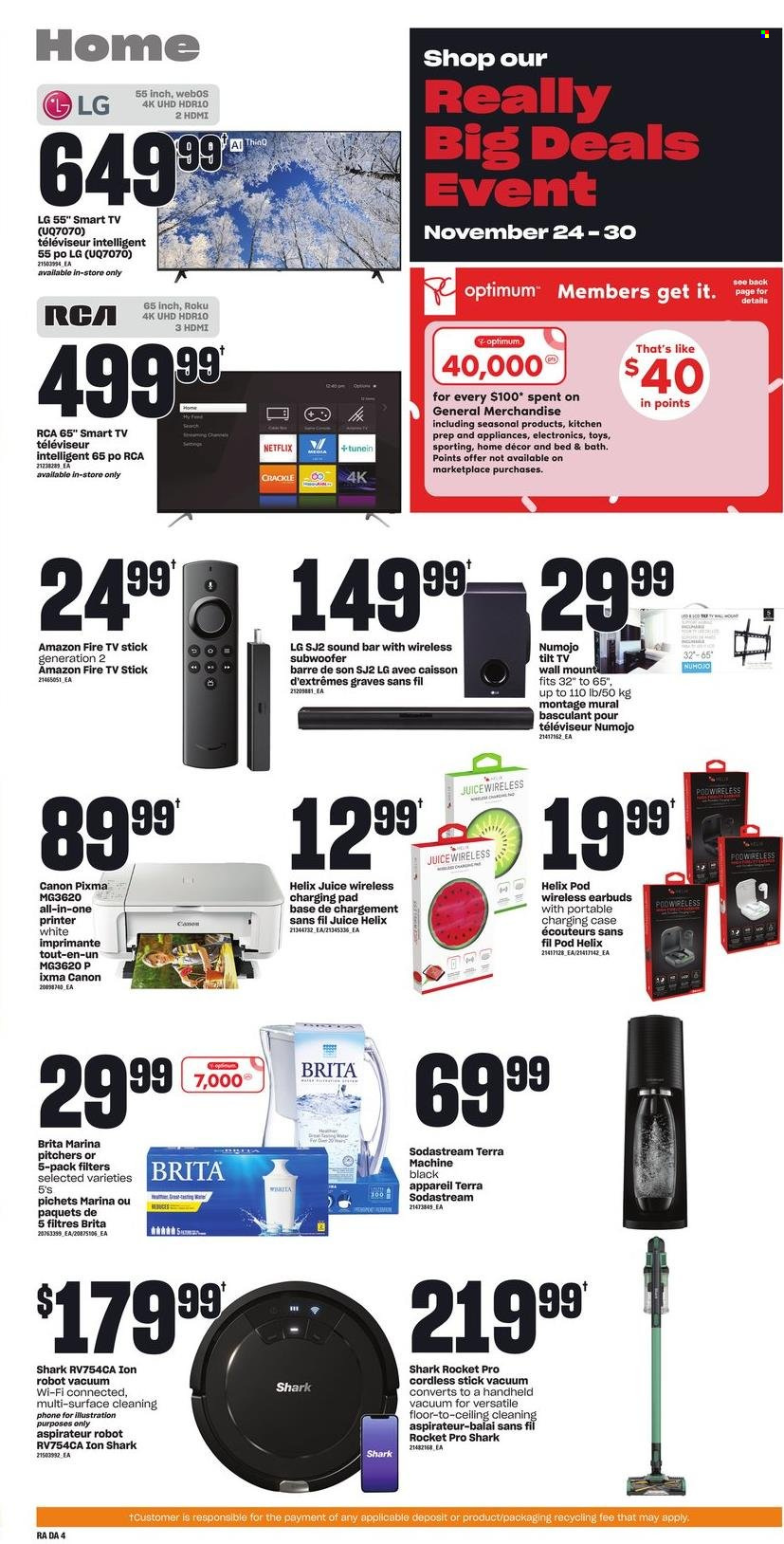 Dominion Flyer - November 24, 2022 - November 30, 2022 - Sales products - webos, Amazon Fire, juice, SodaStream, Optimum, hạndheld, phone, RCA, subwoofer, wireless subwoofer, sound bar, earbuds, Fire TV Stick, tv wall mount, TV stick, bed, toys, Canon, LG, smart tv. Page 5.