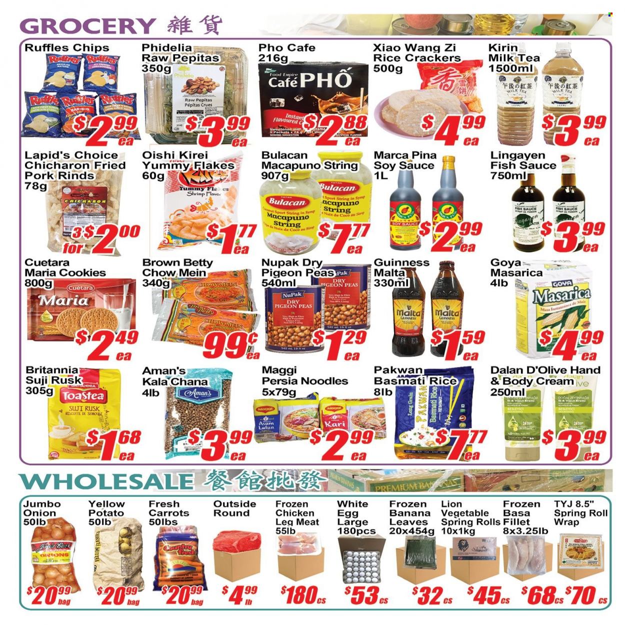 Jian Hing Supermarket Flyer - November 25, 2022 - December 01, 2022 - Sales products - pie, rusks, carrots, peas, onion, fish, shrimps, sauce, spring rolls, noodles, milk, eggs, cookies, crackers, rice crackers, Ruffles, Maggi, Goya, basmati rice, toor dal, fish sauce, soy sauce, tea, Guinness, chicken legs. Page 2.