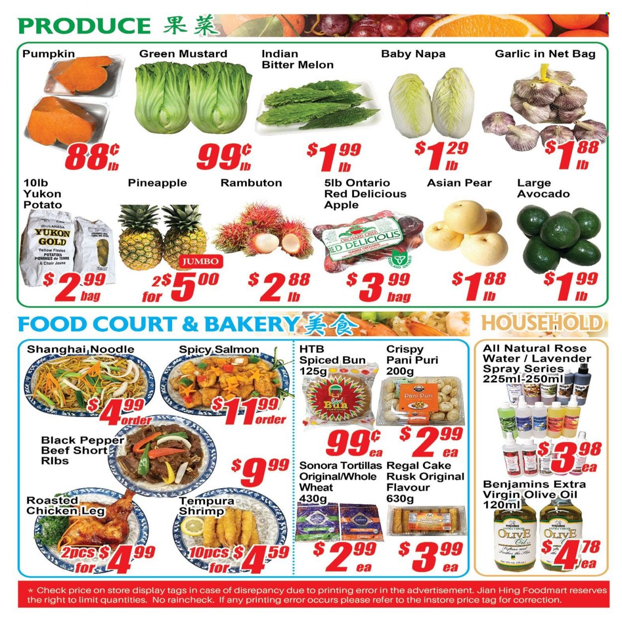 Jian Hing Supermarket Flyer - November 25, 2022 - December 01, 2022 - Sales products - tortillas, cake, rusks, garlic, potatoes, pumpkin, avocado, Red Delicious apples, pineapple, pears, melons, salmon, shrimps, chicken roast, noodles, black pepper, mustard, extra virgin olive oil, olive oil, oil, wine, rosé wine, chicken legs, beef ribs. Page 4.