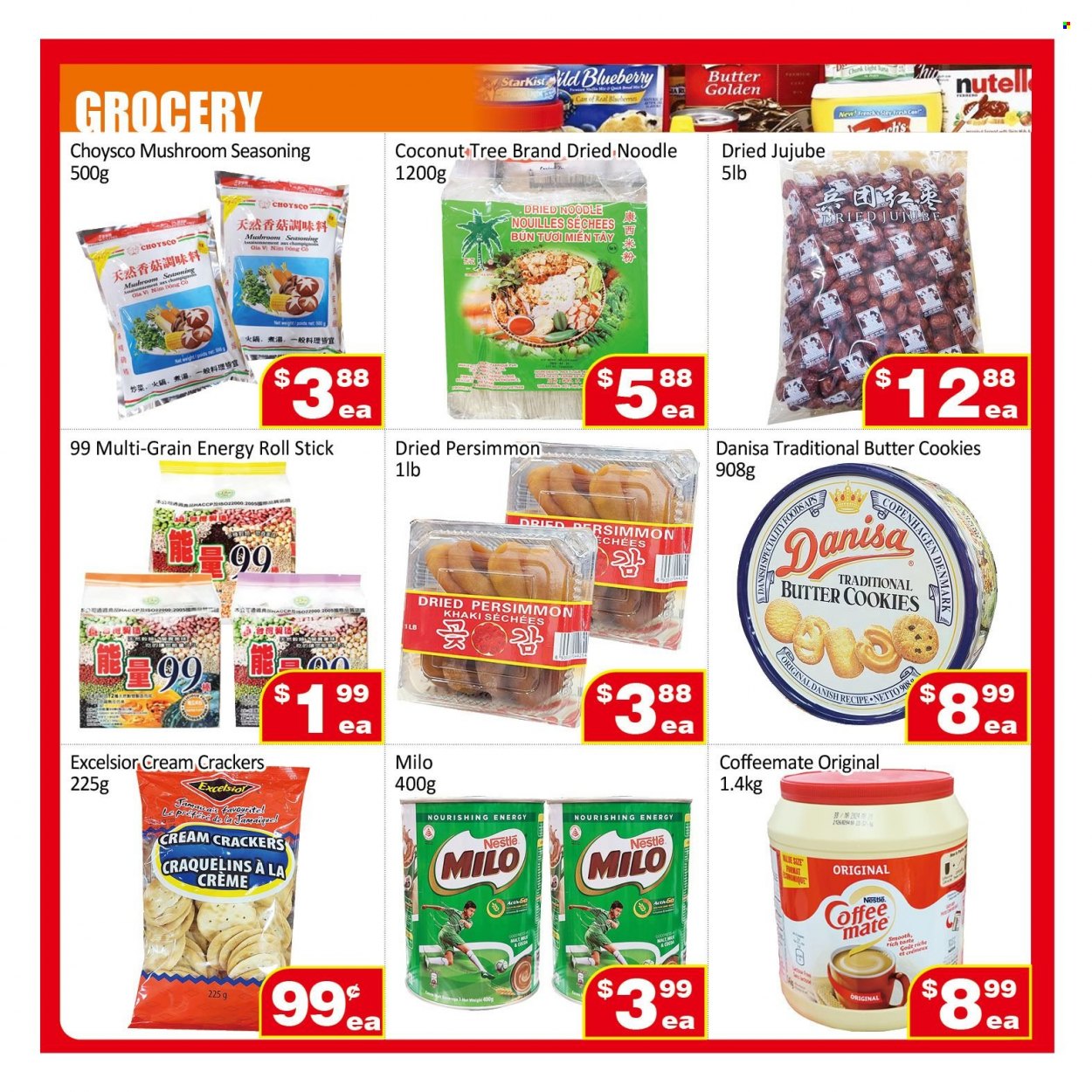 Jian Hing Supermarket Flyer - November 25, 2022 - December 01, 2022 - Sales products - persimmons, jujube, coconut, noodles, Coffee-Mate, Milo, cookies, butter cookies, crackers, malt, spice, Nestlé. Page 2.