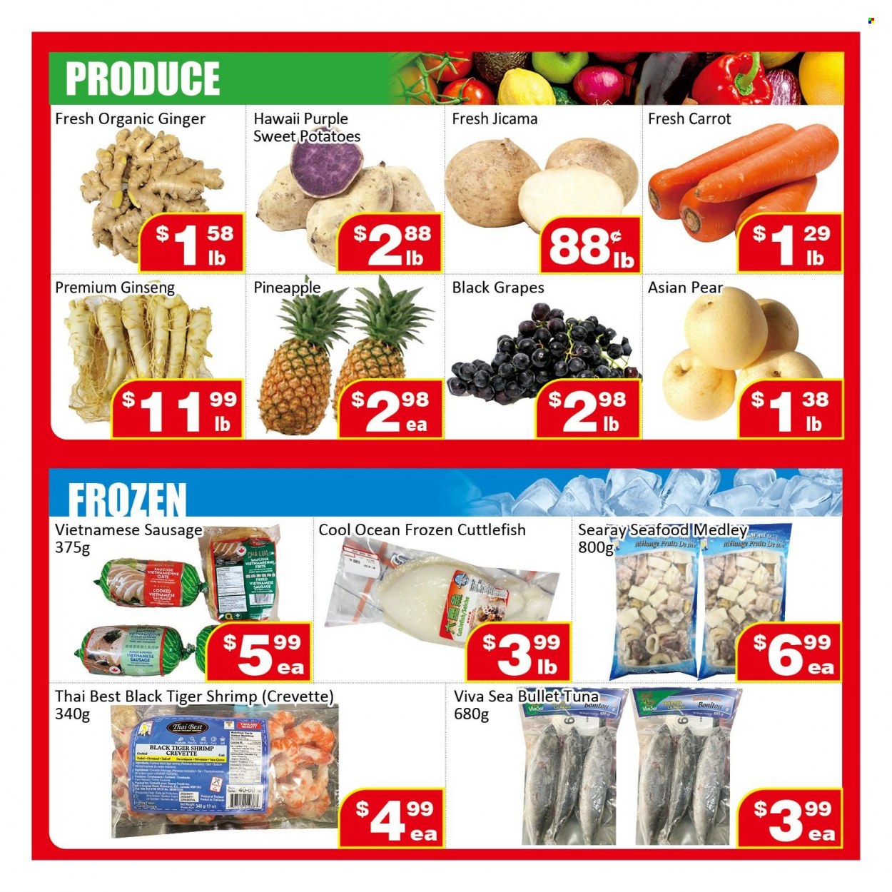 Jian Hing Supermarket Flyer - November 25, 2022 - December 01, 2022 - Sales products - ginger, sweet potato, potatoes, grapes, pineapple, pears, cuttlefish, tuna, seafood, shrimps, sausage, jicama. Page 3.