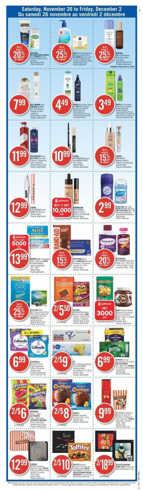 Shoppers Drug Mart Flyer - November 26, 2022 - December 02, 2022 - Sales products - Kraft®, cookies, Dove, chocolate, jelly, Celebration, crackers, biscuit, spice, hazelnut spread, Oros, Perrier, Club Soda, sparkling water, bath tissue, Cottonelle, toilet paper, L’Oréal, Speed Stick, makeup, pot, pan, Optimum, sofa, Aleve, laxative, aspirin, paint, band-aid, Old Spice, Ferrero Rocher. Page 2.