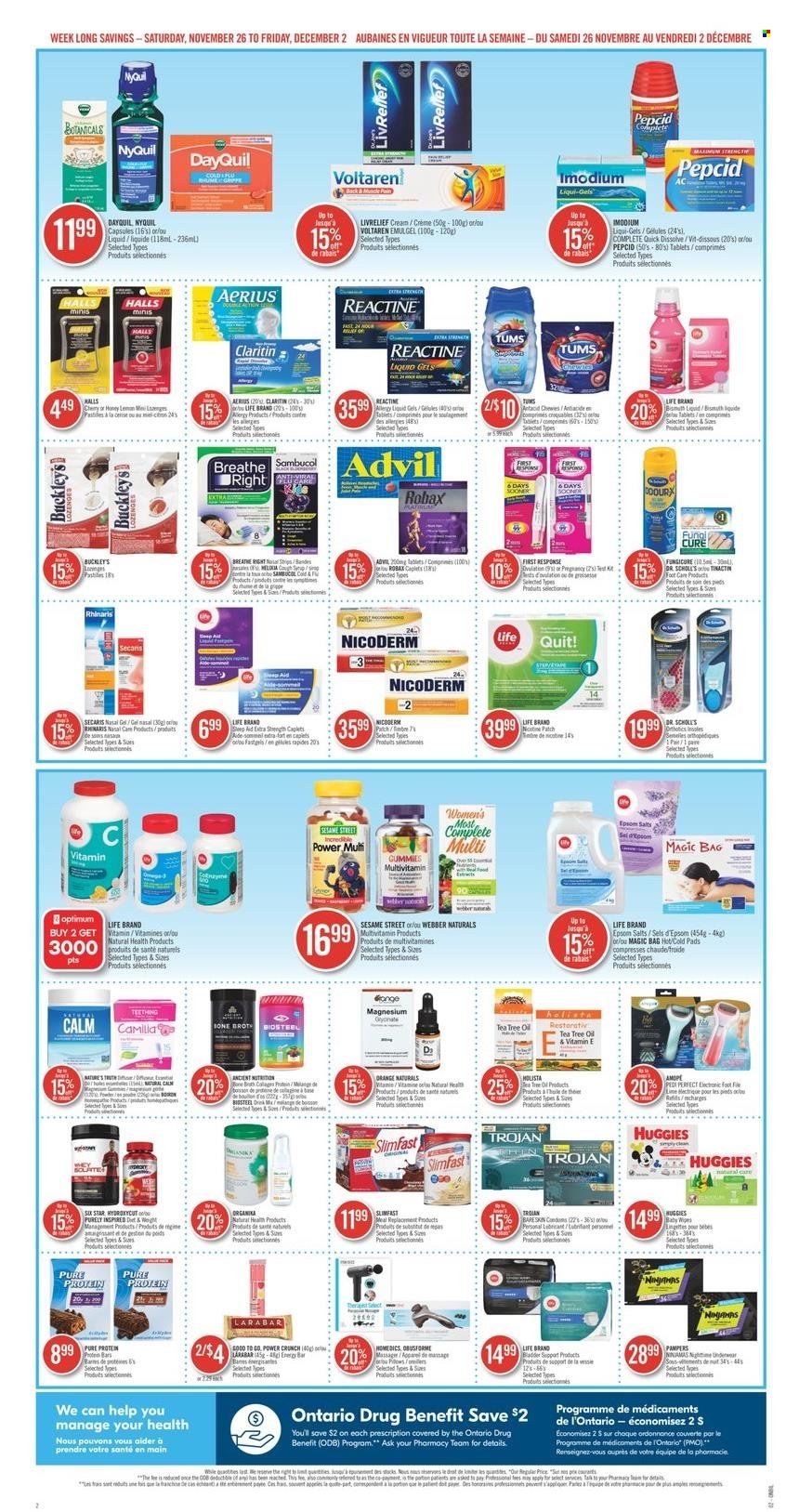 Shoppers Drug Mart Flyer - November 26, 2022 - December 02, 2022 - Sales products - Slimfast, Halls, pastilles, Sesame Street, oil, tea, wipes, baby wipes, lubricant, bag, foot care, Optimum, DayQuil, Magnesium, multivitamin, NicoDerm, Pepcid, NyQuil, Advil Rapid, Antacid, tea tree oil, Sambucol, Dr. Scholl's, Huggies, Imodium, Pampers. Page 3.
