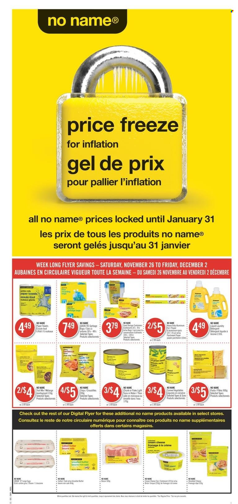 Shoppers Drug Mart Flyer - November 26, 2022 - December 02, 2022 - Sales products - tuna, No Name, pasta, bacon, cream cheese, shredded cheese, salted butter, chips, tuna in water, canned vegetables, mushroom, trail mix, kitchen towels, paper towels, laundry detergent, bag, storage box, detergent. Page 5.