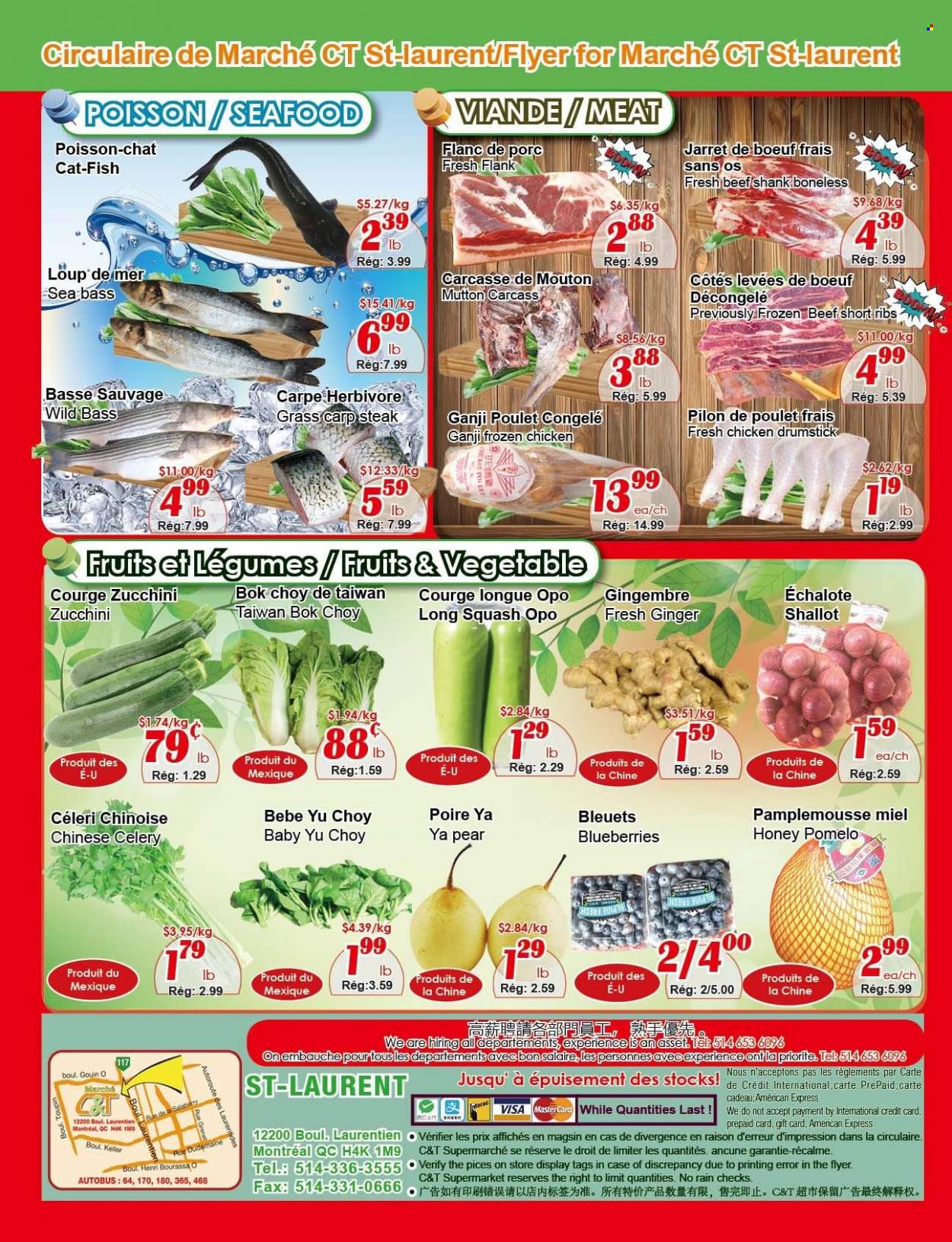 Marché C&T Flyer - November 24, 2022 - November 30, 2022 - Sales products - bok choy, celery, ginger, zucchini squash, blueberries, pears, pomelo, sea bass, seafood, fish, carp, honey, chicken meat, beef meat, beef ribs, beef shank, mutton meat, steak. Page 4.