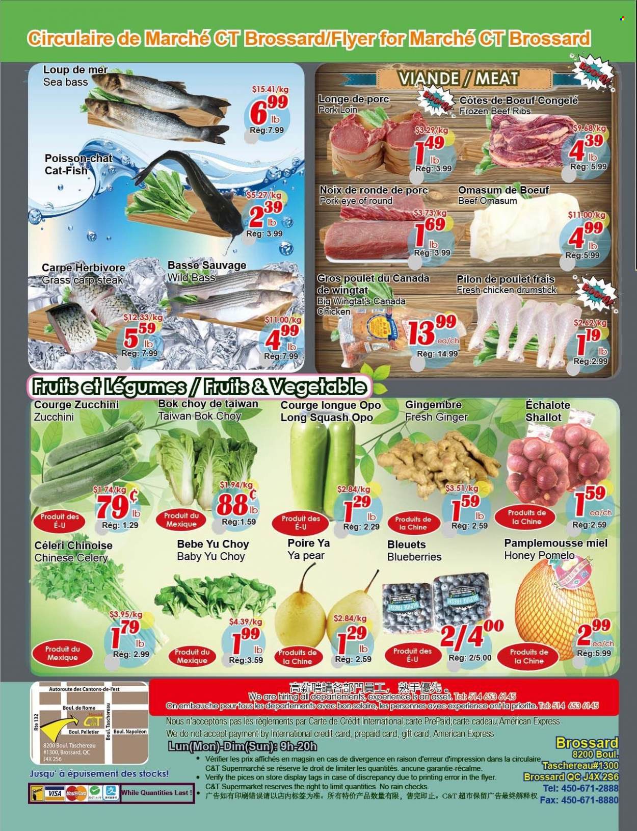 Marché C&T Flyer - November 24, 2022 - November 30, 2022 - Sales products - bok choy, celery, ginger, zucchini squash, blueberries, pears, pomelo, sea bass, fish, carp, honey, beef meat, beef ribs, eye of round, pork loin, pork meat, steak. Page 4.