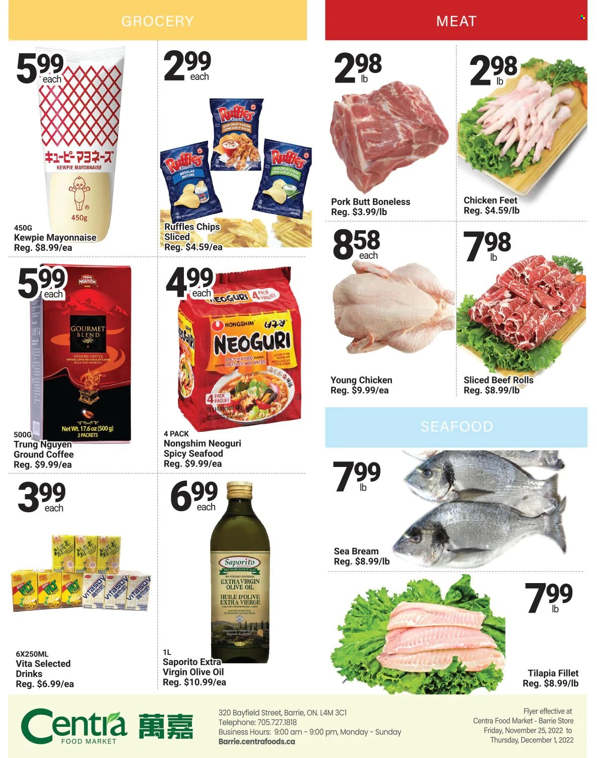 Centra Food Market Flyer - November 25, 2022 - December 01, 2022 - Sales products - tilapia, seafood, seabream, noodles, mayonnaise, chips, Ruffles, extra virgin olive oil, olive oil, oil, coffee, ground coffee, chicken paws, chicken meat, Sure. Page 4.