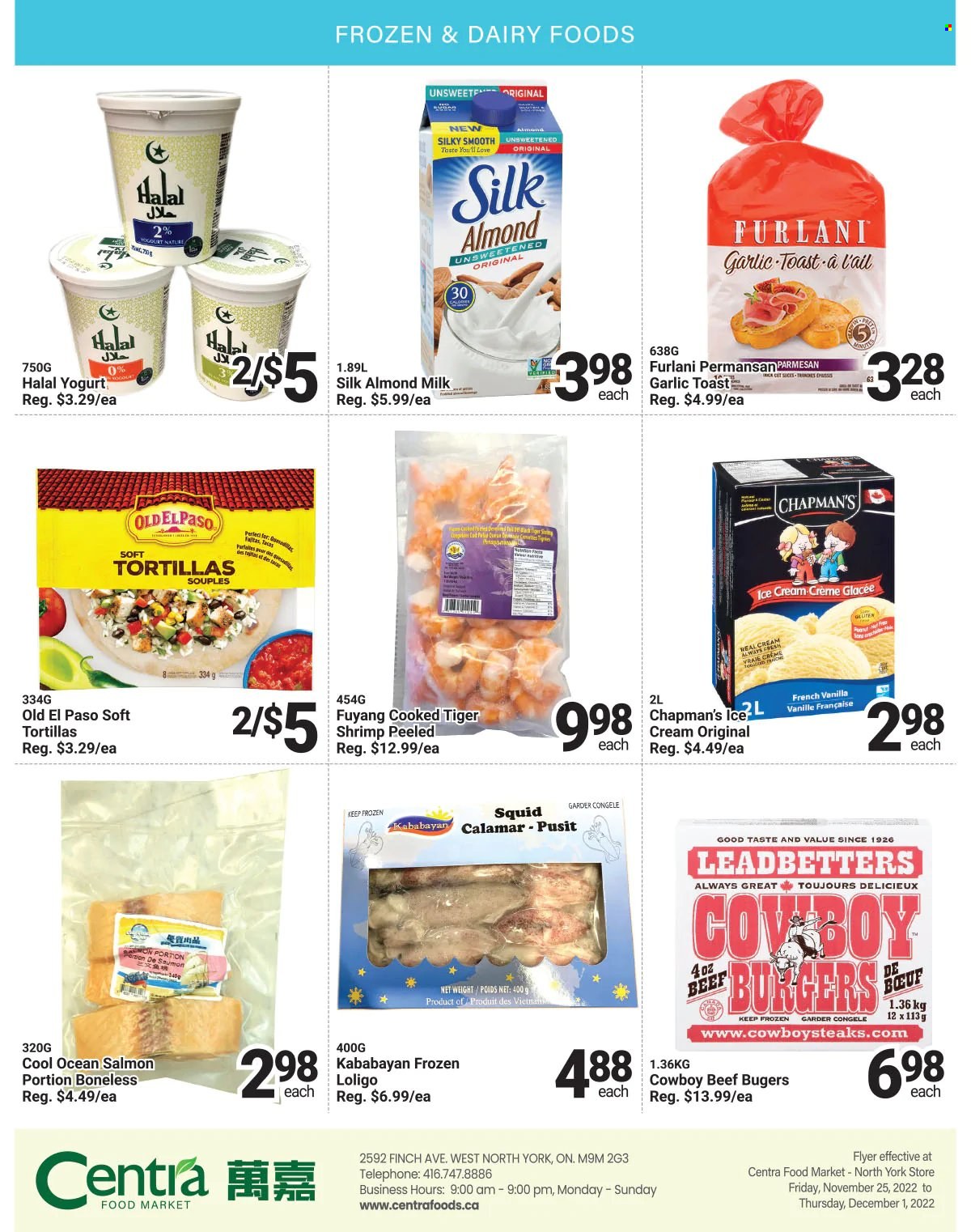 Centra Food Market Flyer - November 25, 2022 - December 01, 2022 - Sales products - tortillas, Old El Paso, salmon, squid, shrimps, hamburger, parmesan, yoghurt, almond milk, milk, ice cream, sugar. Page 3.