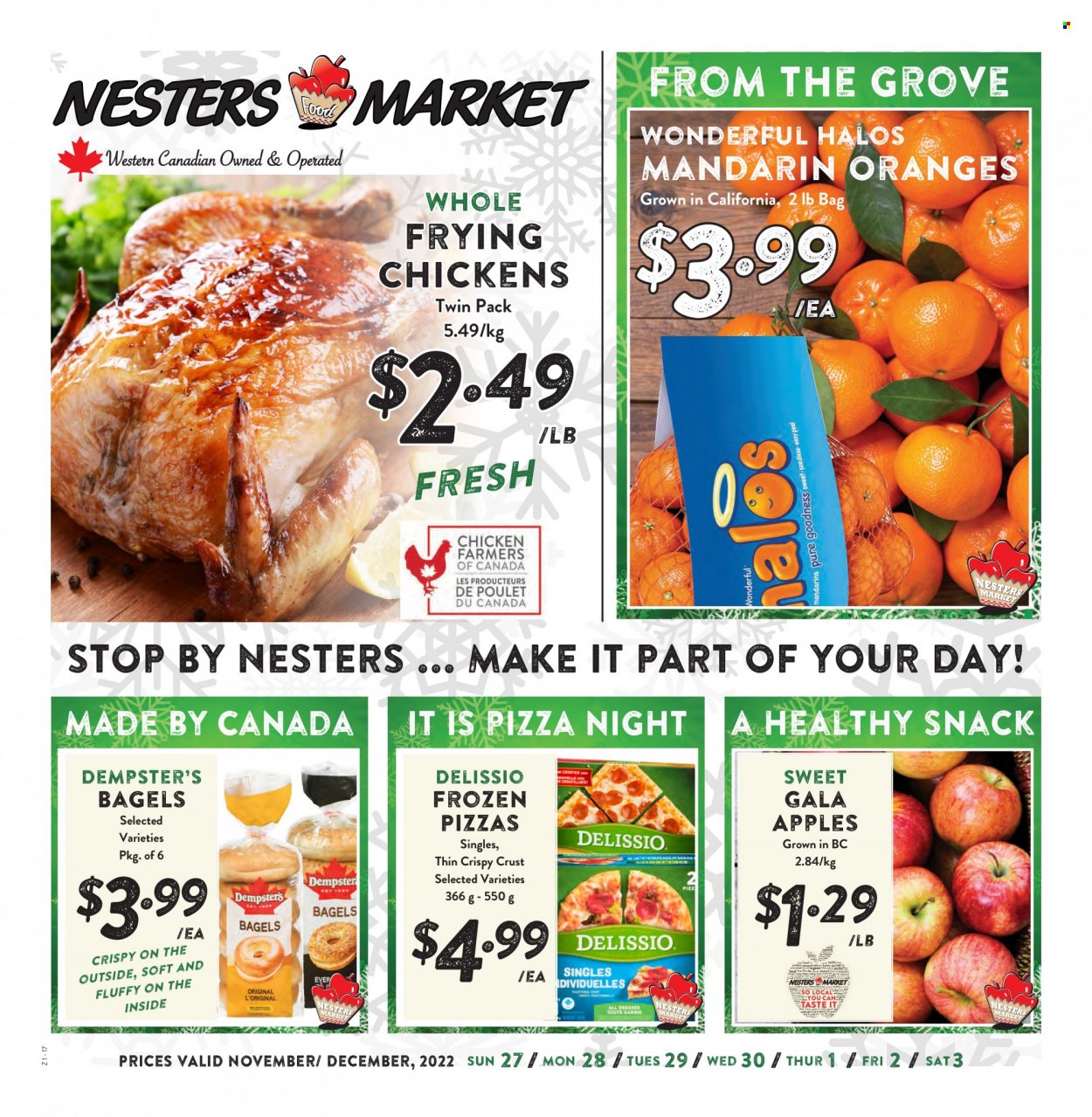 Nesters Food Market Flyer - November 27, 2022 - December 03, 2022 - Sales products - bagels, apples, Gala apple, mandarines, orange, pizza. Page 1.