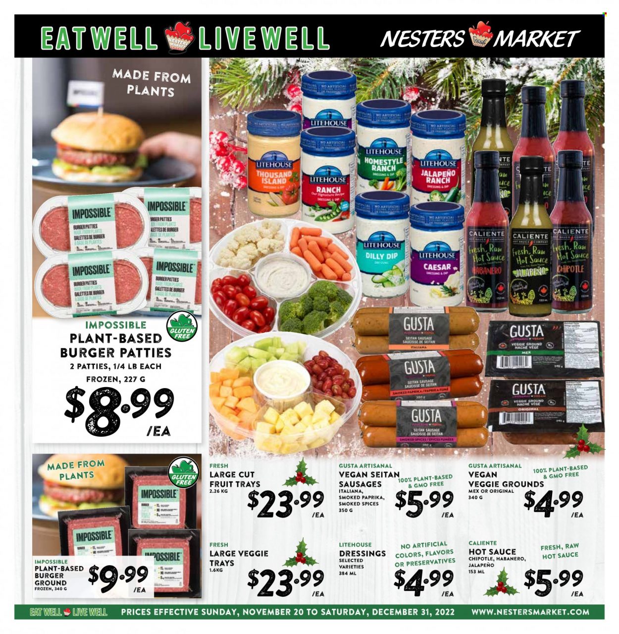 Nesters Food Market Flyer - November 20, 2022 - December 31, 2022 - Sales products - jalapeño, hamburger, sauce, hot sauce, burger patties. Page 1.