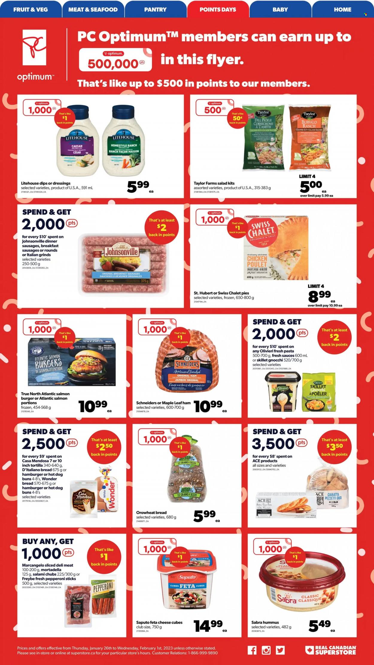 Real Canadian Superstore Flyer - January 26, 2023 - February 01, 2023 - Sales products - bread, tortillas, pie, buns, Ace, pot pie, salmon, seafood, mortadella, salami, ham, Johnsonville, sausage, pepperoni, hummus, cheese, feta cheese, dill pickle, dill, pot, Optimum, ciabatta, gnocchi. Page 3.
