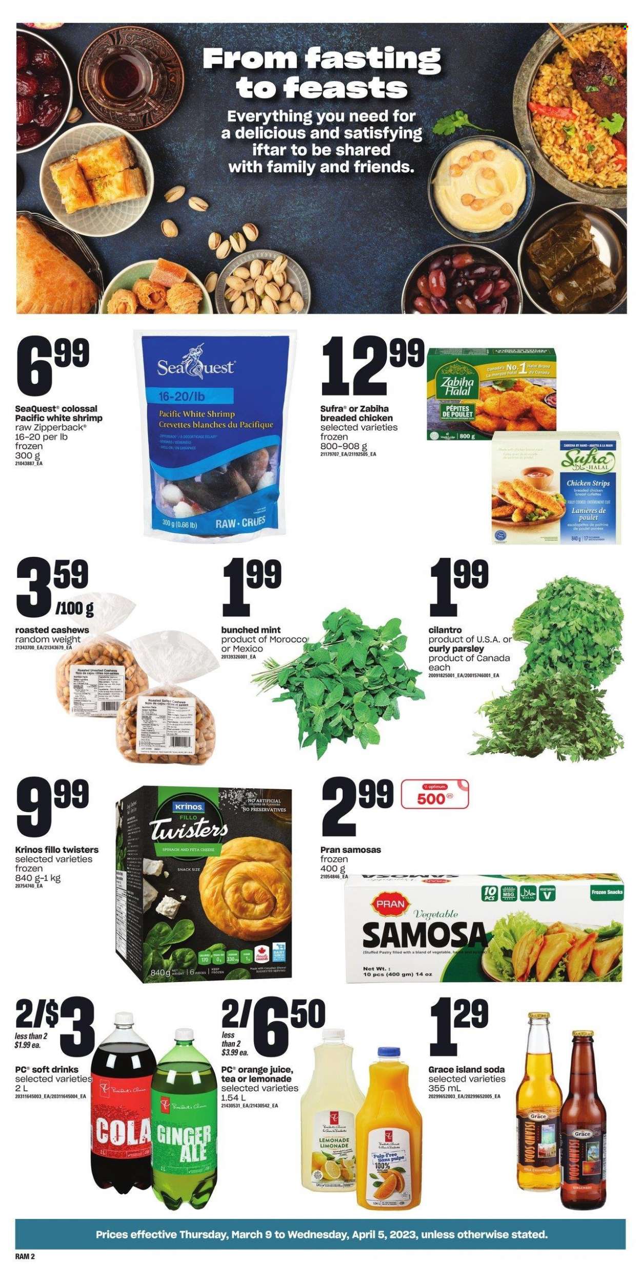 Atlantic Superstore Flyer - March 09, 2023 - April 05, 2023 - Sales products - spinach, parsley, shrimps, fried chicken, cheese, feta cheese, strips, chicken strips, snack, cilantro, cashews, ginger ale, lemonade, orange juice, juice, soft drink, soda, tea, chicken breasts, chicken, Optimum. Page 2.