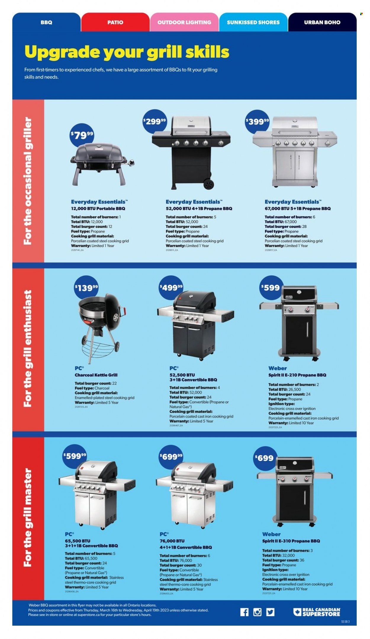 Real Canadian Superstore Flyer - March 16, 2023 - April 19, 2023 - Sales products - hamburger, bbq, kettle, Patio, lighting, grill, Weber, portable barbecue. Page 3.
