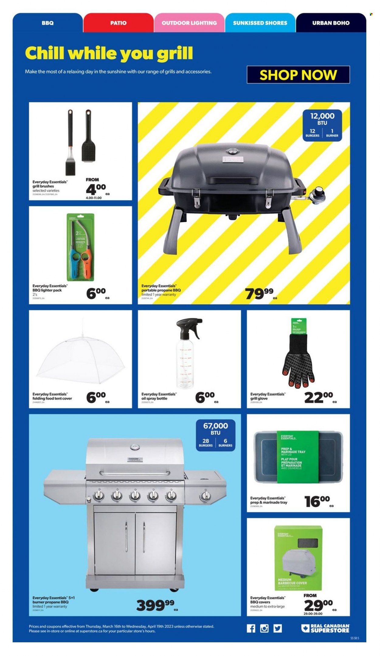 Real Canadian Superstore Flyer - March 16, 2023 - April 19, 2023 - Sales products - hamburger, bbq, Sunshine, marinade, oil, gloves, tray, Patio, lighting, grill, briquettes. Page 5.