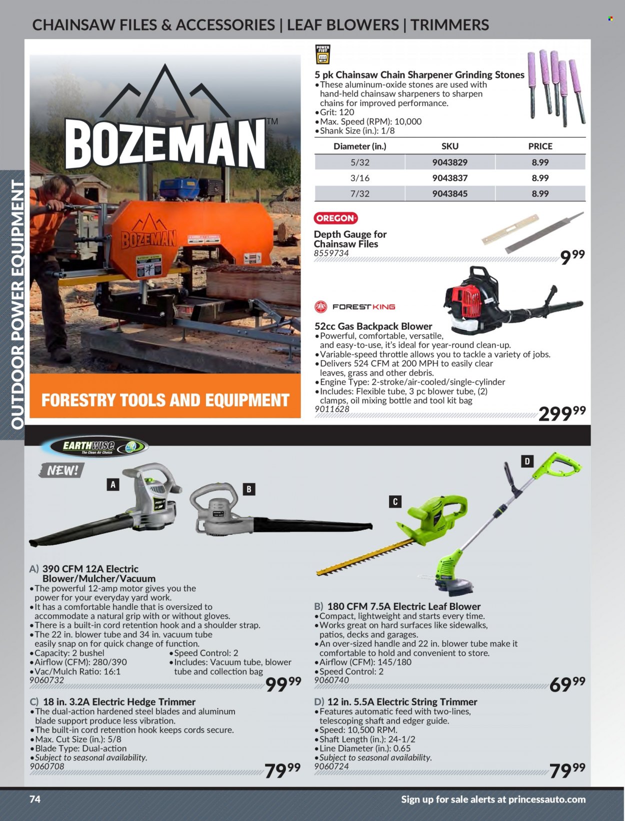 thumbnail - Princess Auto Flyer - Sales products - chain saw, leaf blower, mulcher, string trimmer, hedge trimmer, tool set, blower, strap, garden mulch. Page 76.