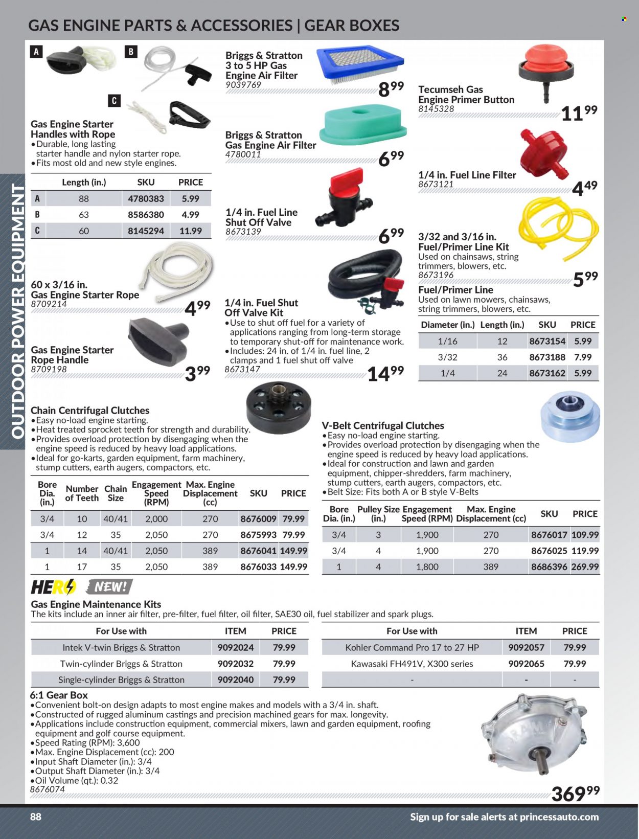 thumbnail - Princess Auto Flyer - Sales products - plug, roofing, lawn mower, shredder, chipper, belt, air filter, spark plugs, fuel filter, oil filter, starter, fuel stabilizer. Page 90.