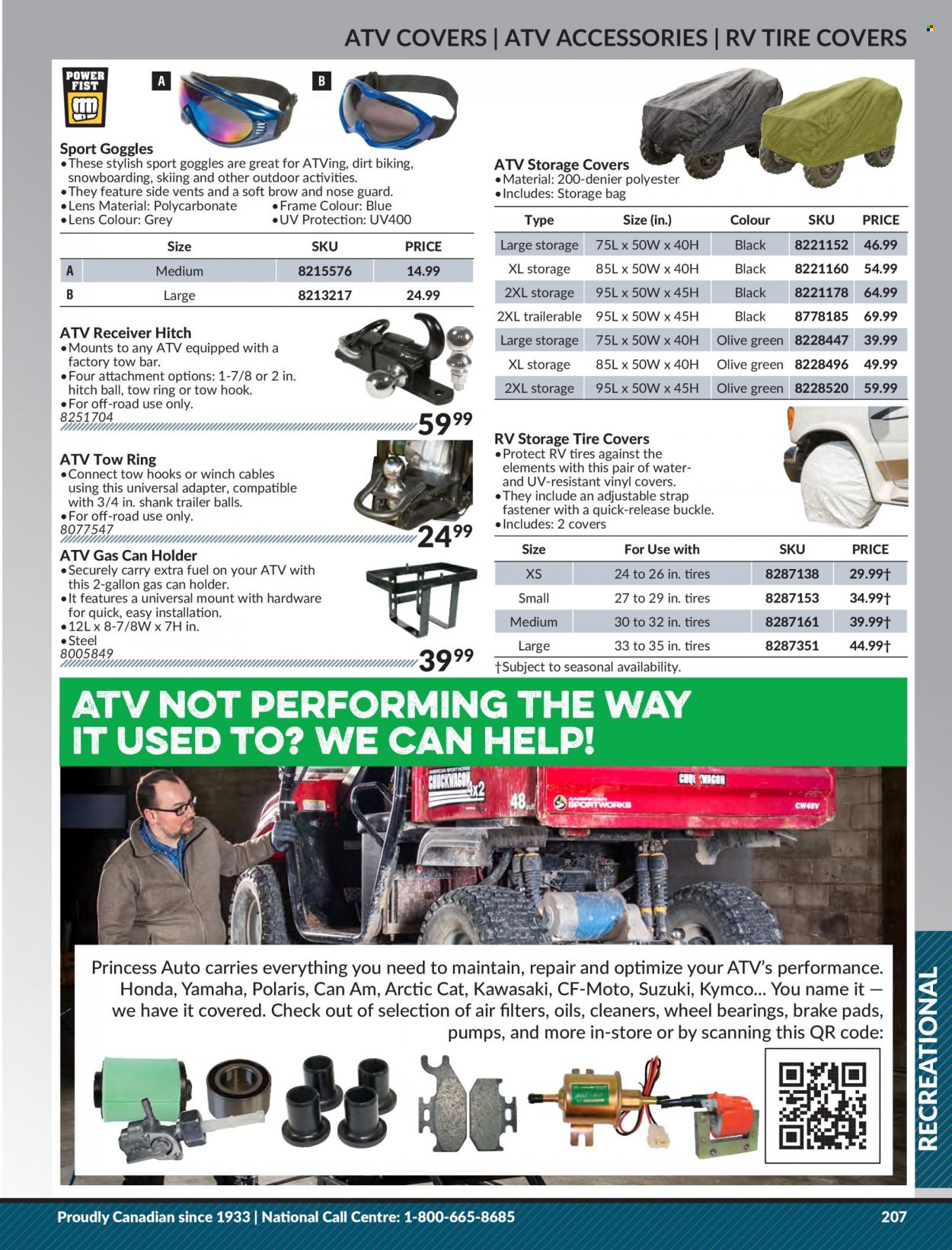 Princess Auto Flyer - Sales products - switch, receiver, strap, trailer, Polaris, air filter, brake pad, starter, cleaner, tires. Page 213.