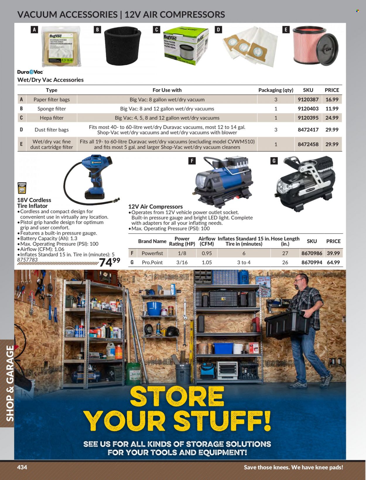 Princess Auto Flyer - Sales products - LED light, blower, air compressor, knee pads, vehicle, tire inflator, battery. Page 442.
