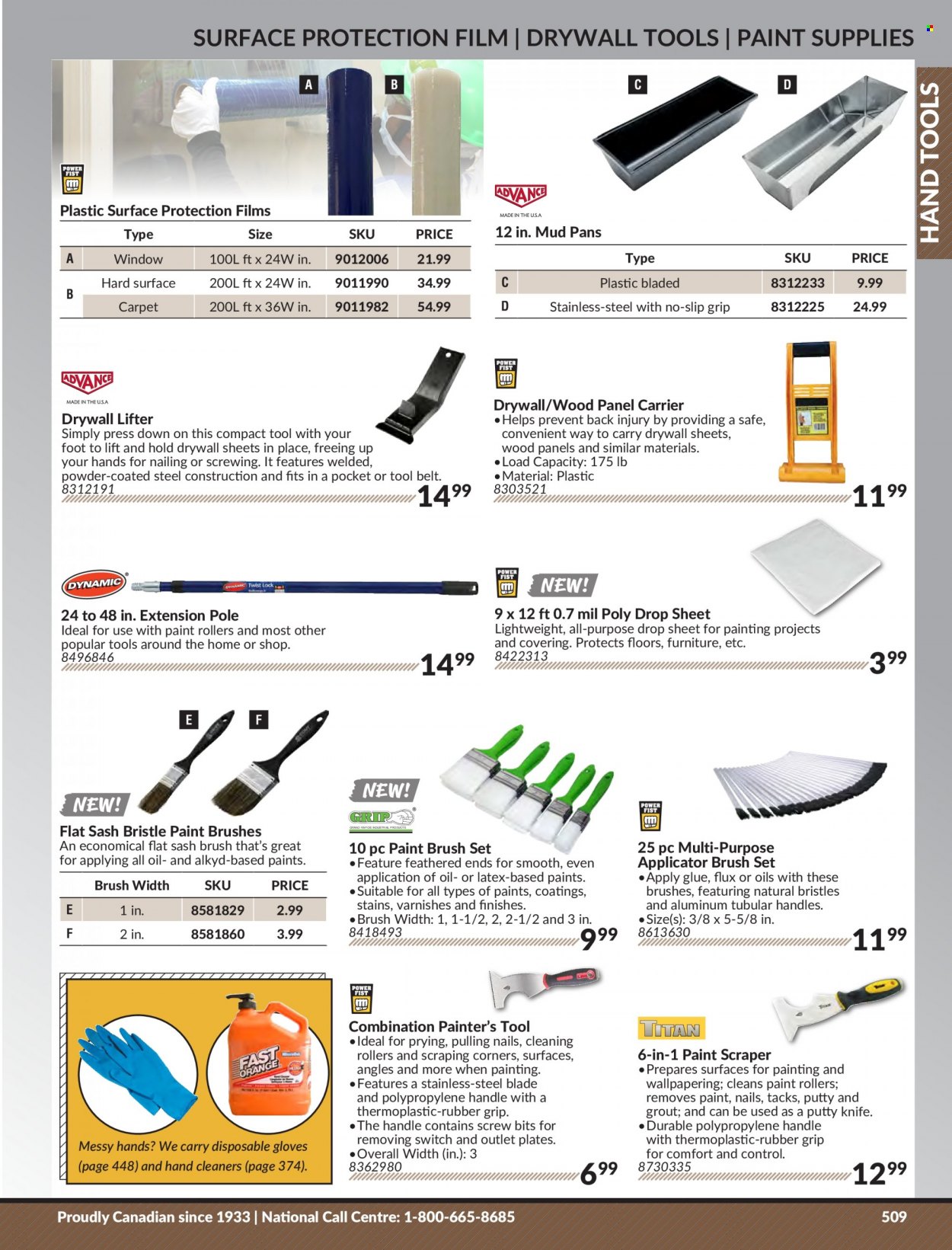 thumbnail - Princess Auto Flyer - Sales products - glue, paint brush, brush set, plastic drop sheet, hand tools, knife, gloves, tool belt. Page 519.