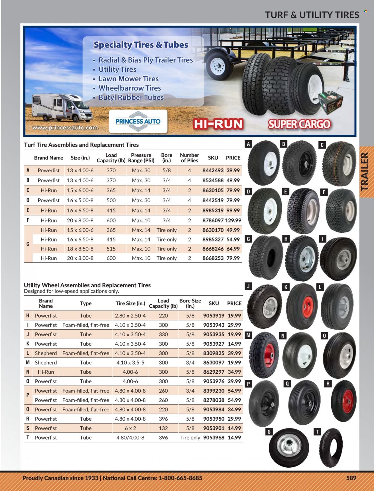 Princess Auto Flyer - Sales products - lawn mower, wheelbarrow, trailer, tires. Page 599.