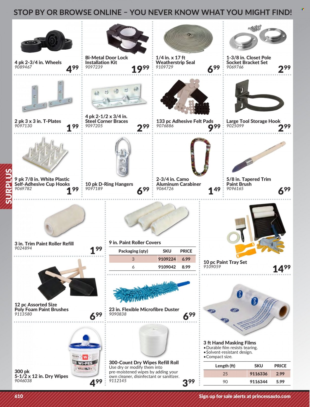 thumbnail - Princess Auto Flyer - Sales products - paint brush, roller, roller cover, socket, hook, cleaner. Page 620.