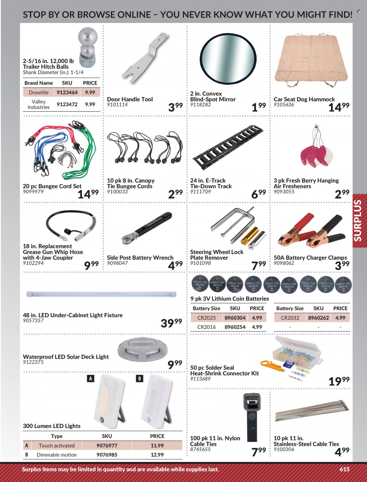 thumbnail - Princess Auto Flyer - Sales products - LED light, door handle, wrench, cabinet, cord set, trailer, bungee cords, hammock, battery charger, air freshener. Page 625.