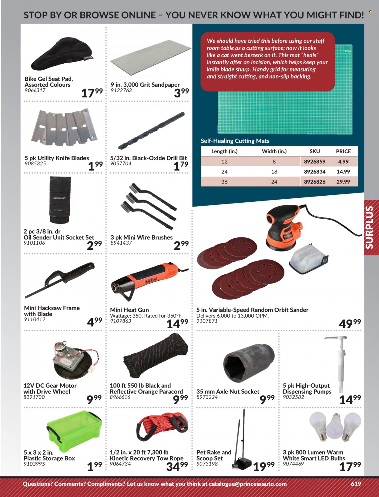 thumbnail - Princess Auto Flyer - Sales products - socket, random orbit sander, hacksaw, socket set, heat gun, table, storage box, utility knife, garden storage box. Page 629.
