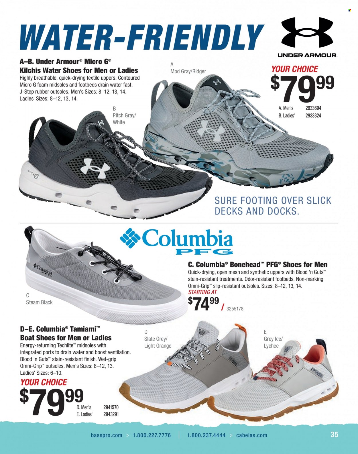 thumbnail - Bass Pro Shops Flyer - Sales products - Columbia, shoes, water shoes, Under Armour. Page 35.
