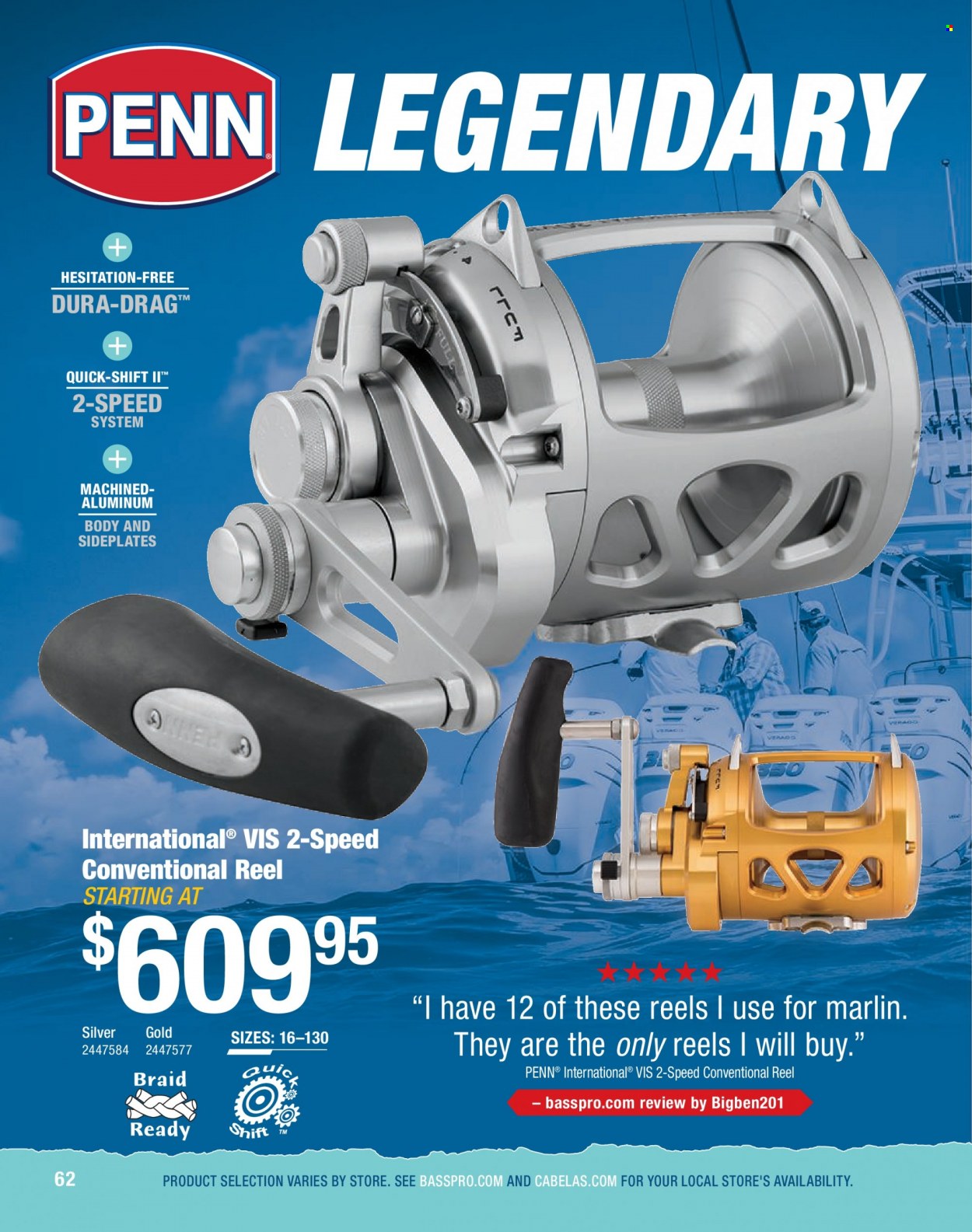 Bass Pro Shops Flyer - Sales products - marlin, reel, fishing rod, Penn. Page 62.