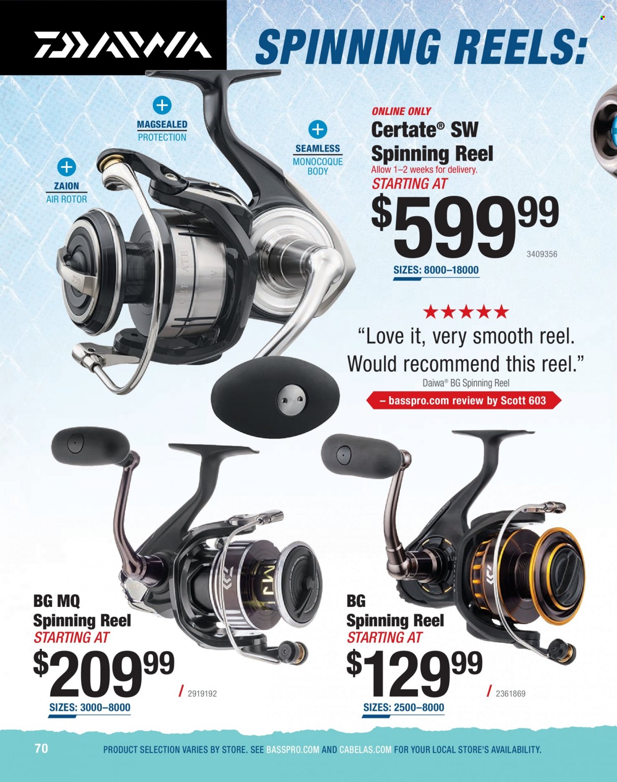 thumbnail - Bass Pro Shops Flyer - Sales products - Scott, reel, spinning reel, fishing rod, DAIWA. Page 70.